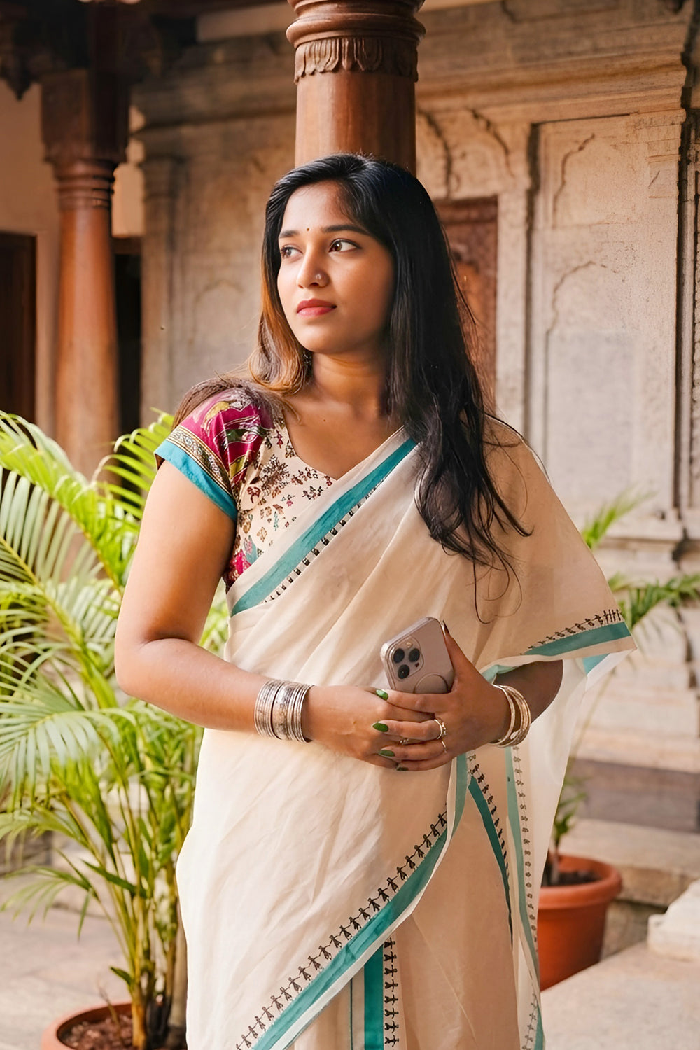 Aadhirekha - Cyan Warli Printed Settumund with Printed Blouse Material