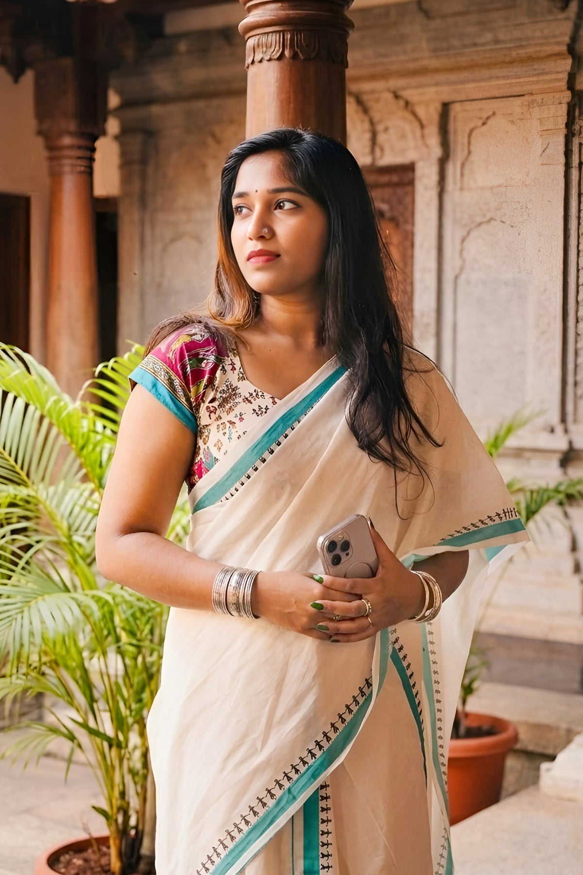 Aadhirekha - Cyan Warli Printed Settumund with Printed Blouse Material