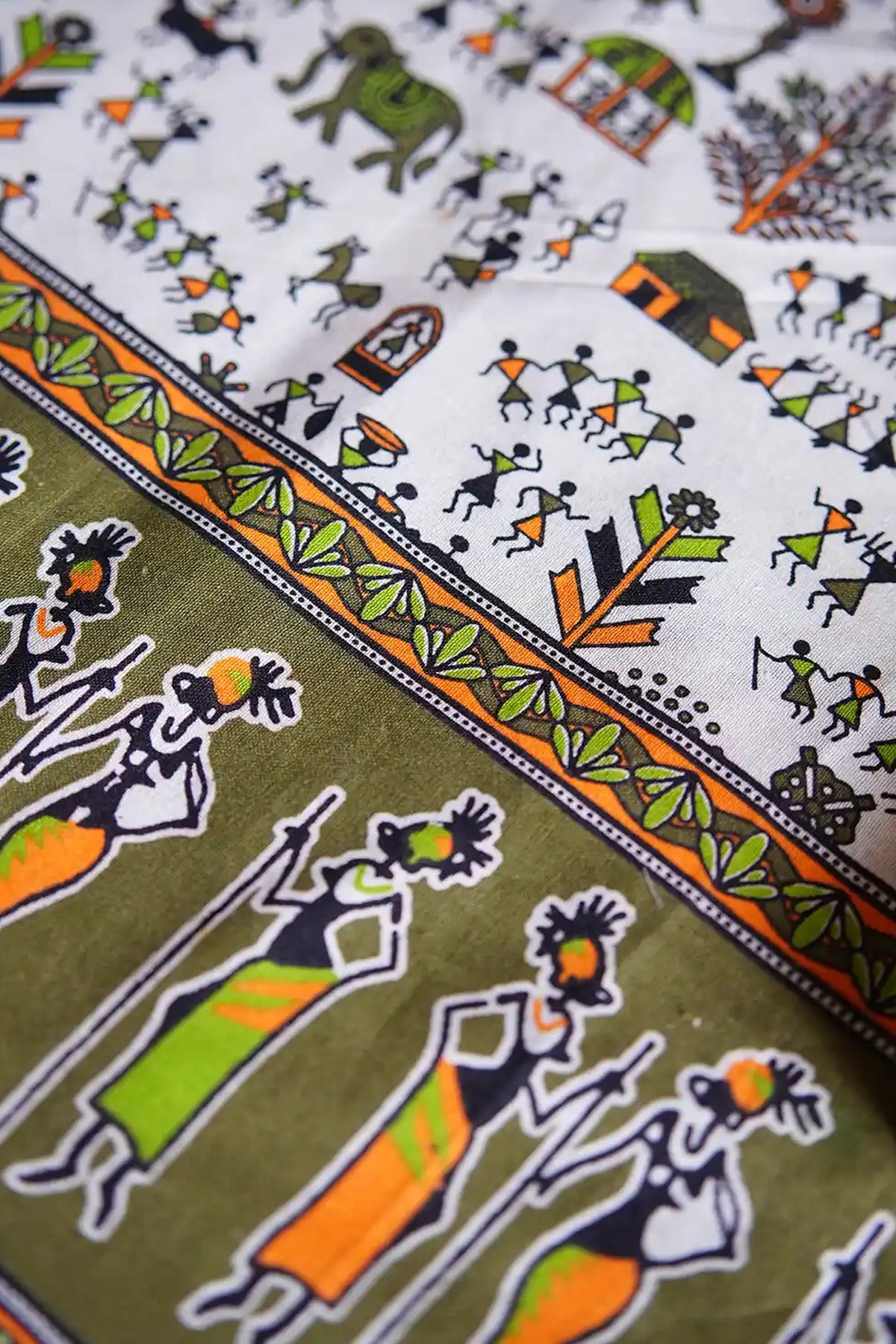 Aadhirekha - Green Warli Printed Settumund with Printed Blouse Material