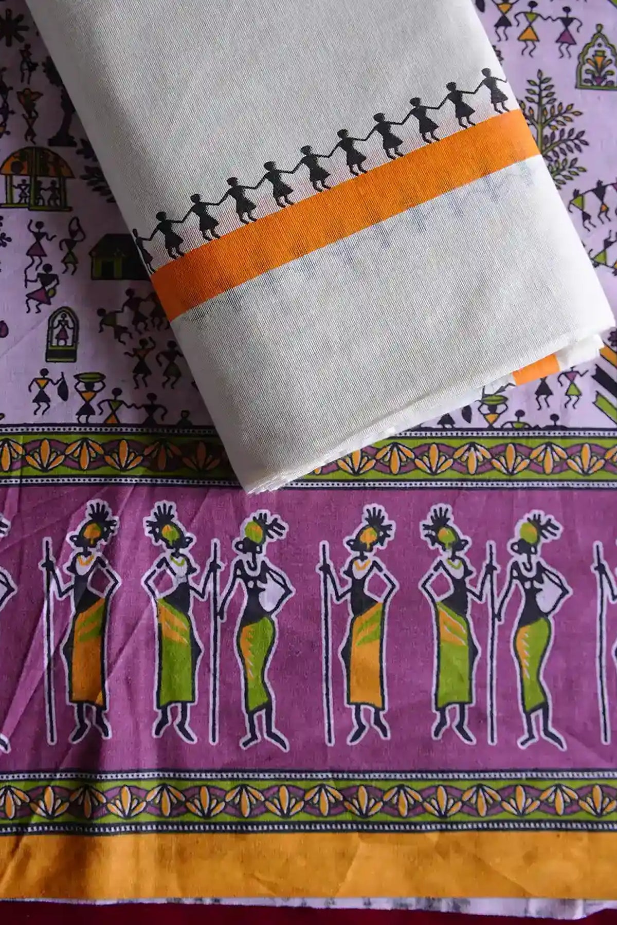 Aadhirekha - Orange Warli Printed Settumund with Printed Blouse Material