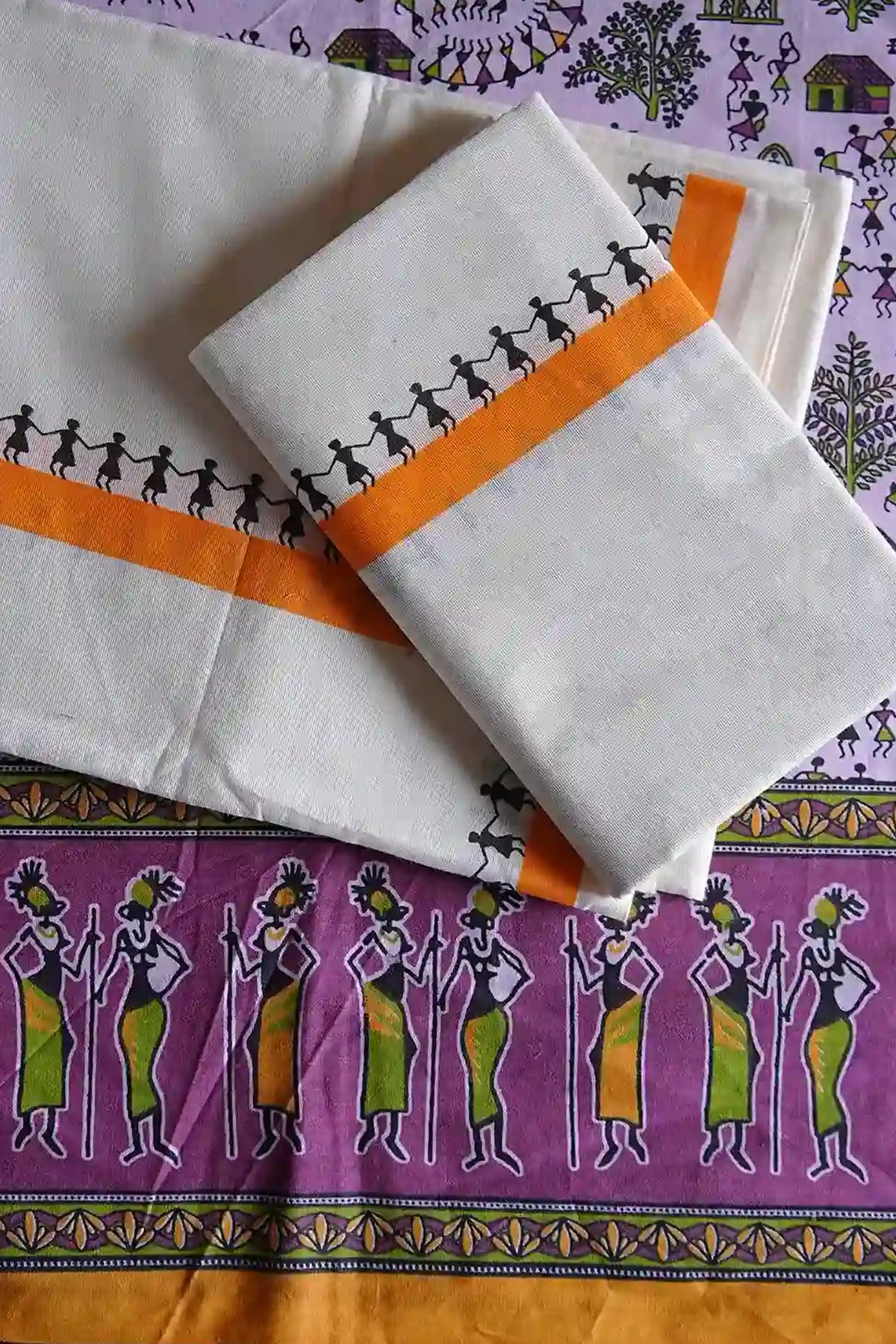 Aadhirekha - Orange Warli Printed Settumund with Printed Blouse Material