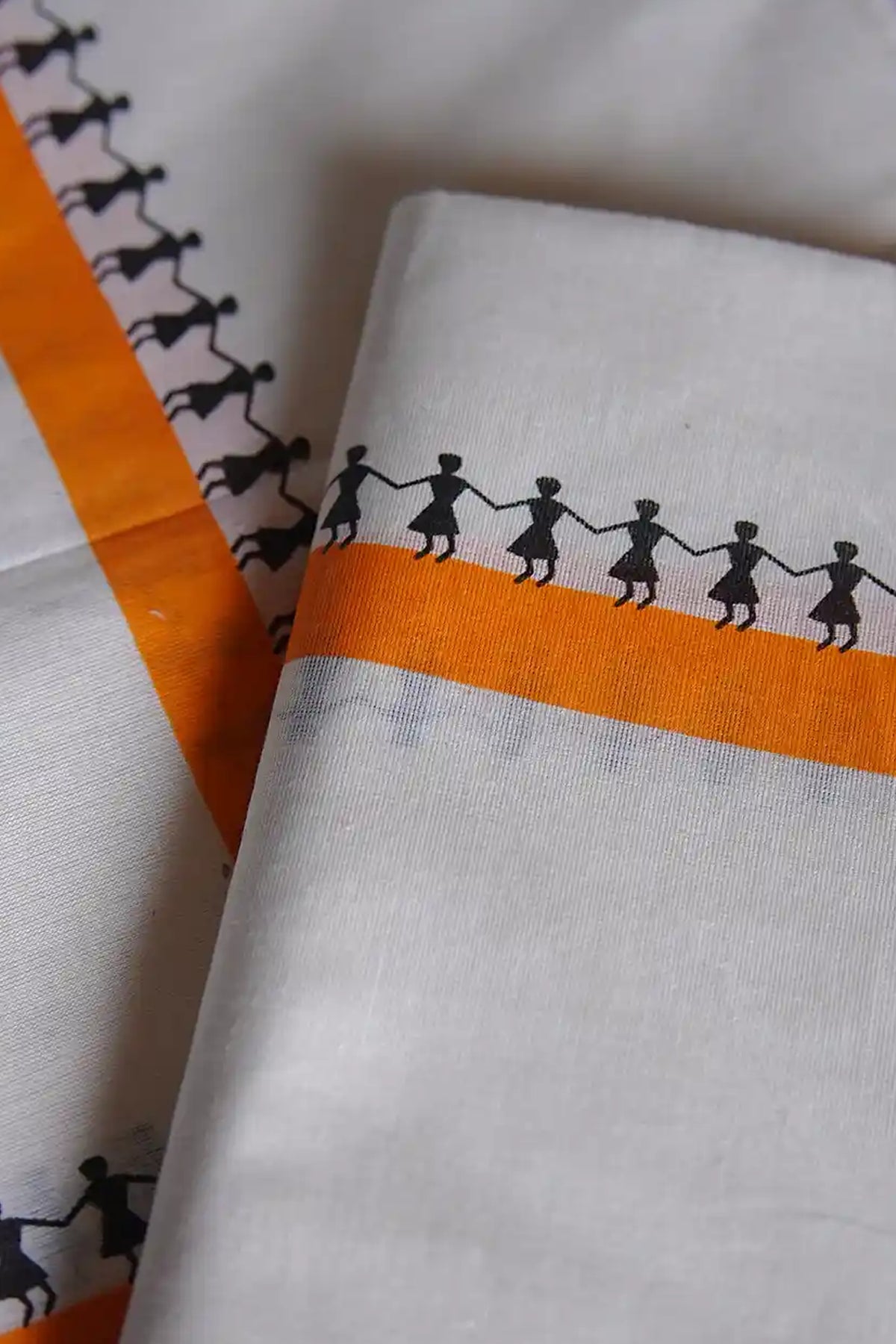Aadhirekha - Orange Warli Printed Settumund with Printed Blouse Material