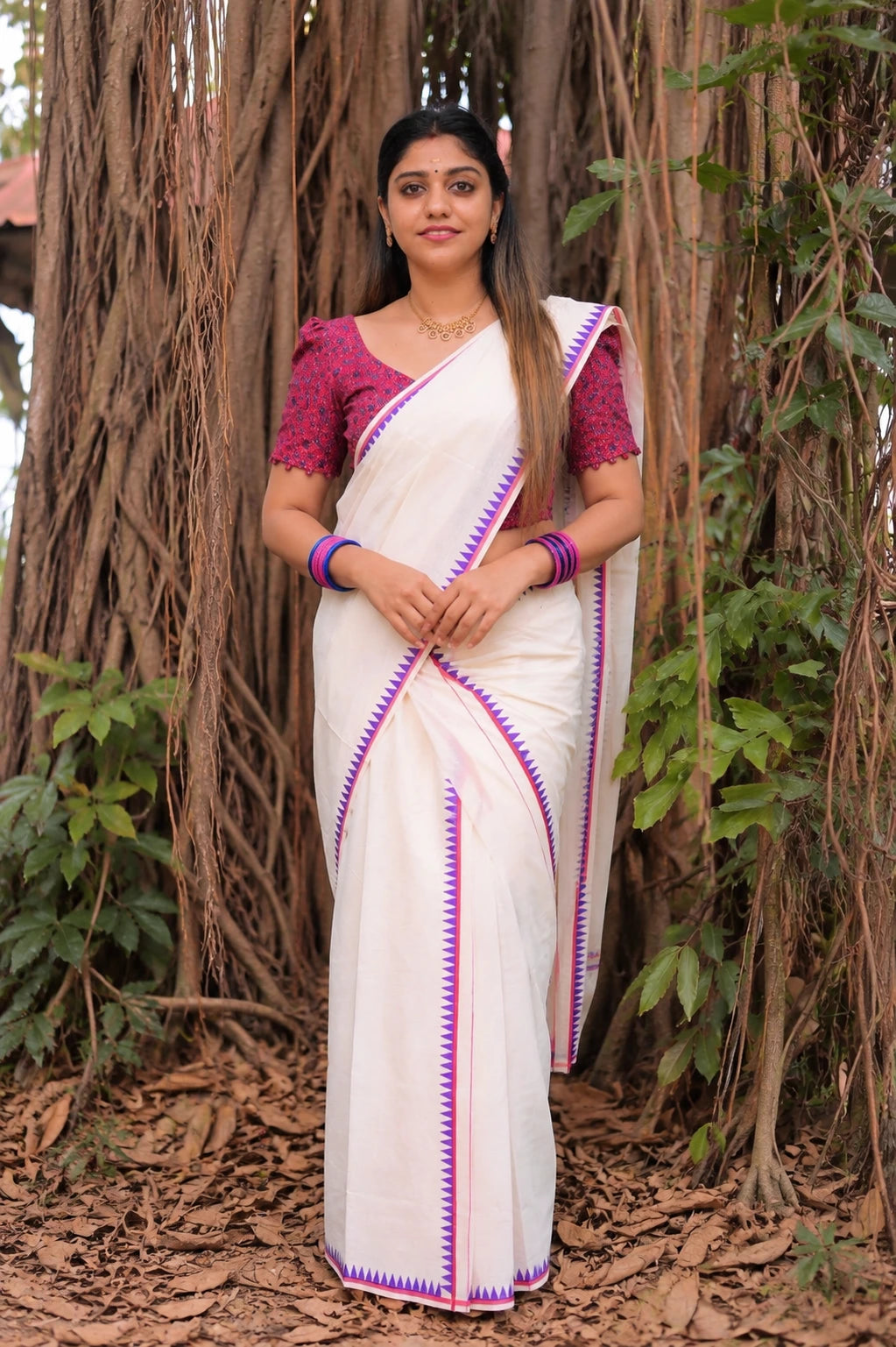 Ahalya -Temple Printed Settmundu with Printed Blouse Material