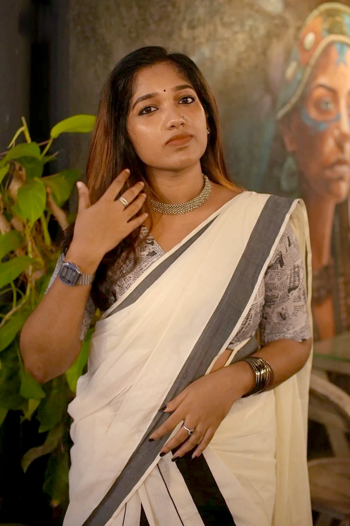 Akshara - Black Kattikkara Settu Mundu with Newspaper Printed Blouse Material