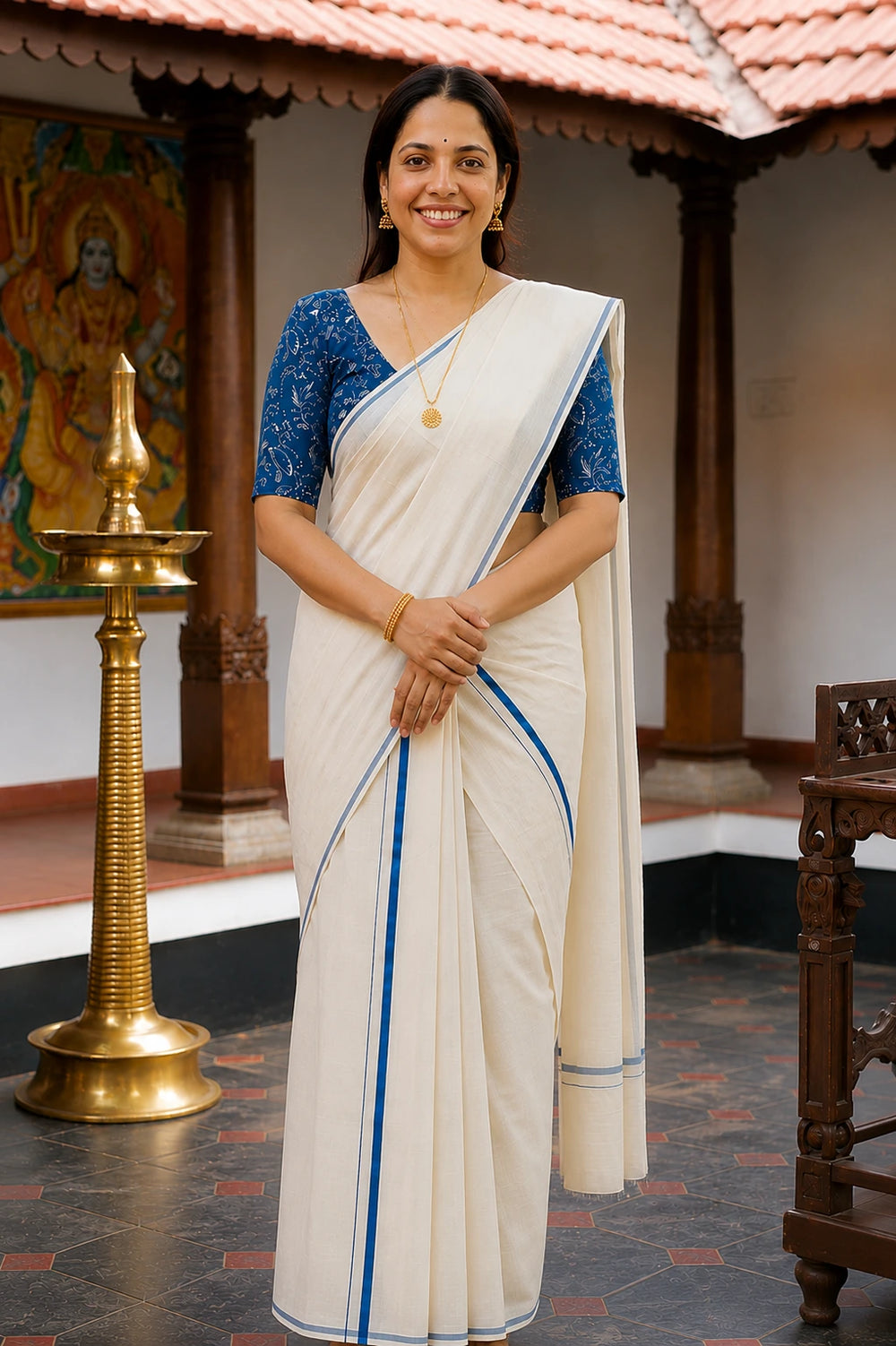 Amrutha- Dark Navy Puliyilakkara Settumund with Printed Blouse Material