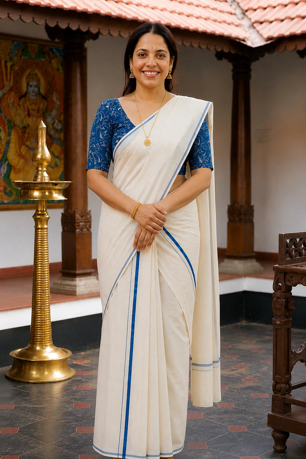 Amrutha- Dark Navy Puliyilakkara Settumund with Printed Blouse Material