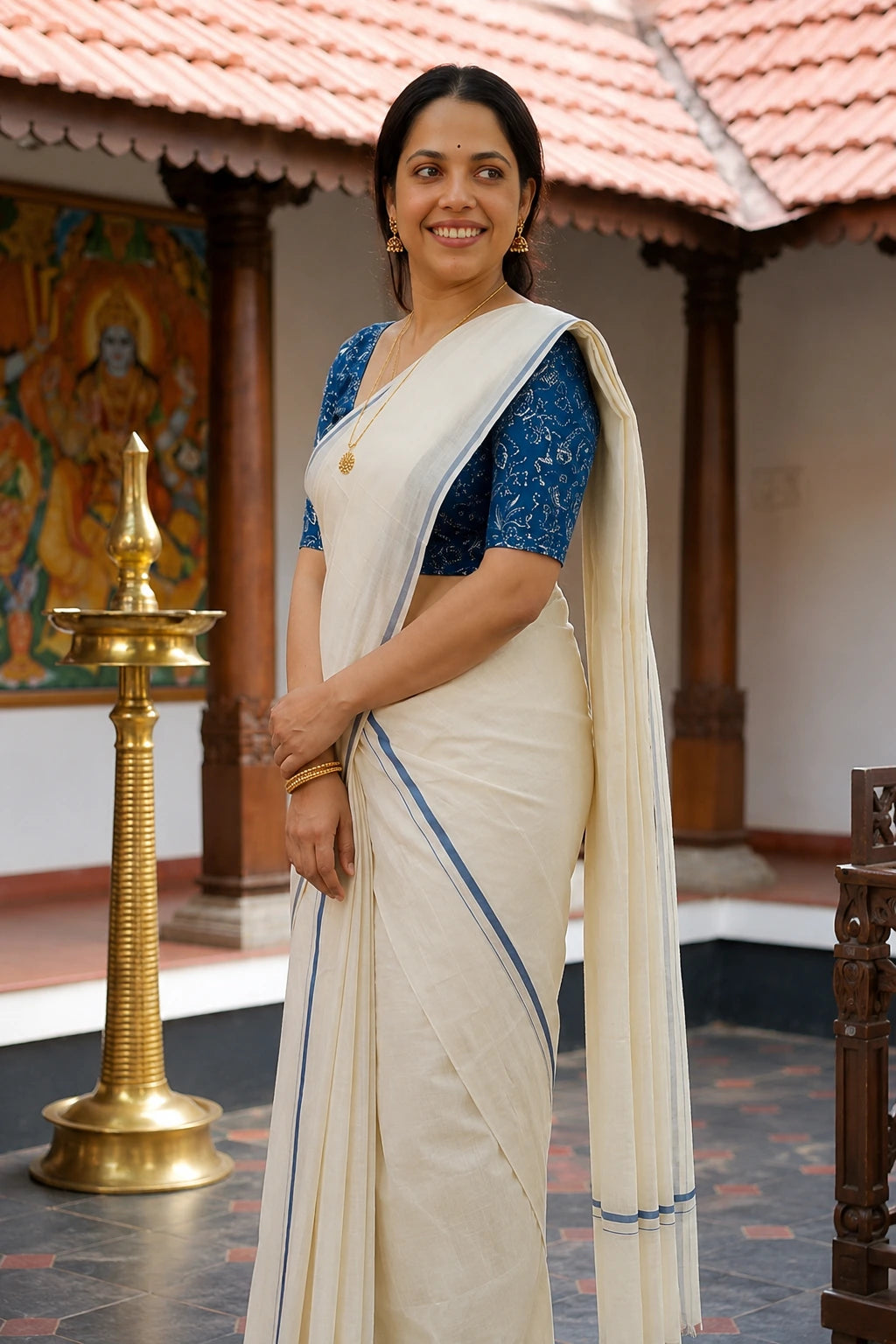 Amrutha- Dark Navy Puliyilakkara Settumund with Printed Blouse Material