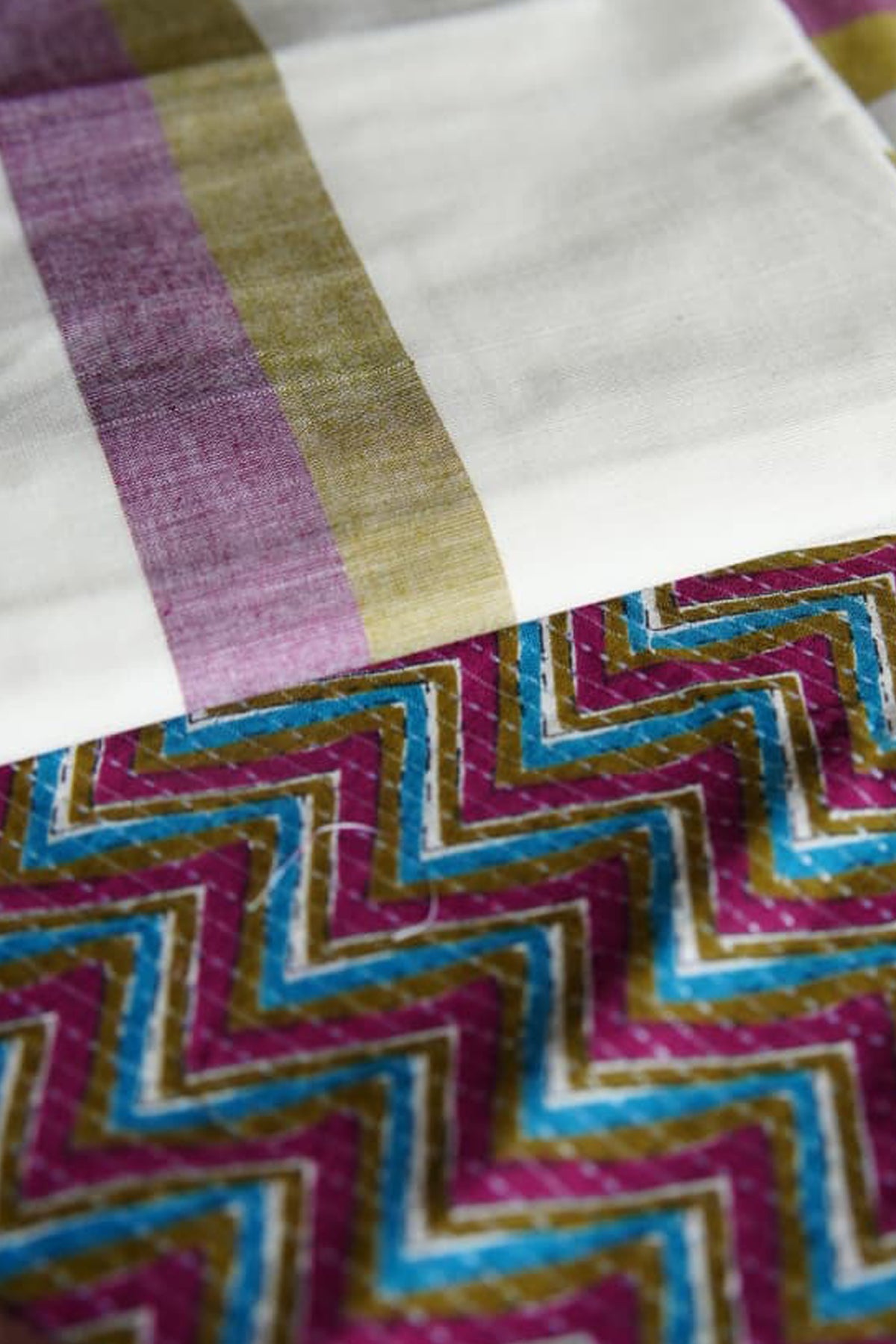 Anarkali - Green and Purple Mulloth Settumund with Kantha Cotton Blouse Material