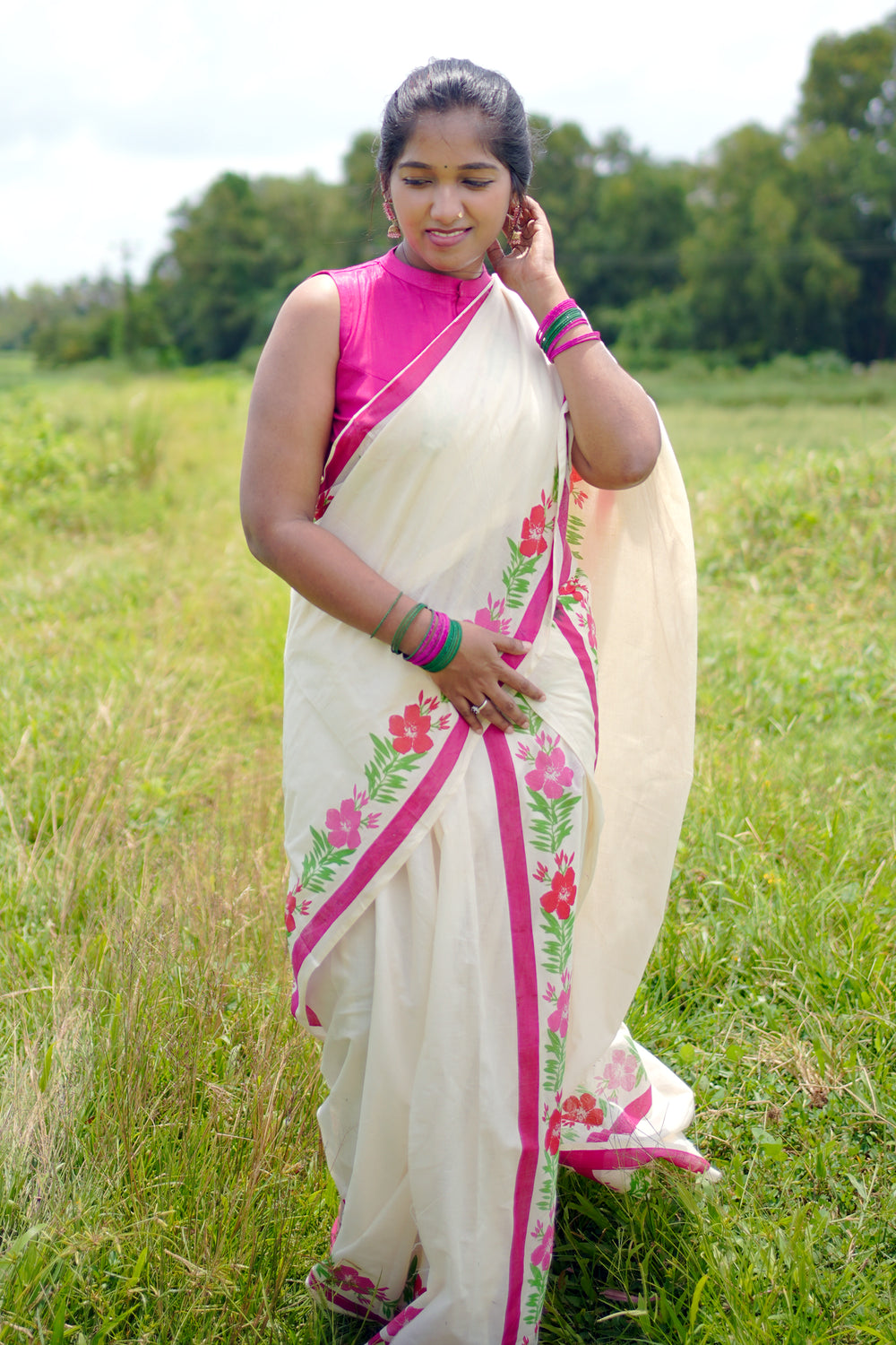 Arali Printed Settumundu with Matching Plain Blouse Material