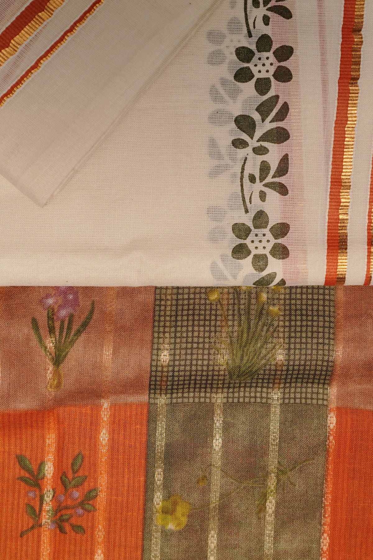 Chandrika – Orange and Golden Kasav Settumund with Printed Border and Designer Blouse Material