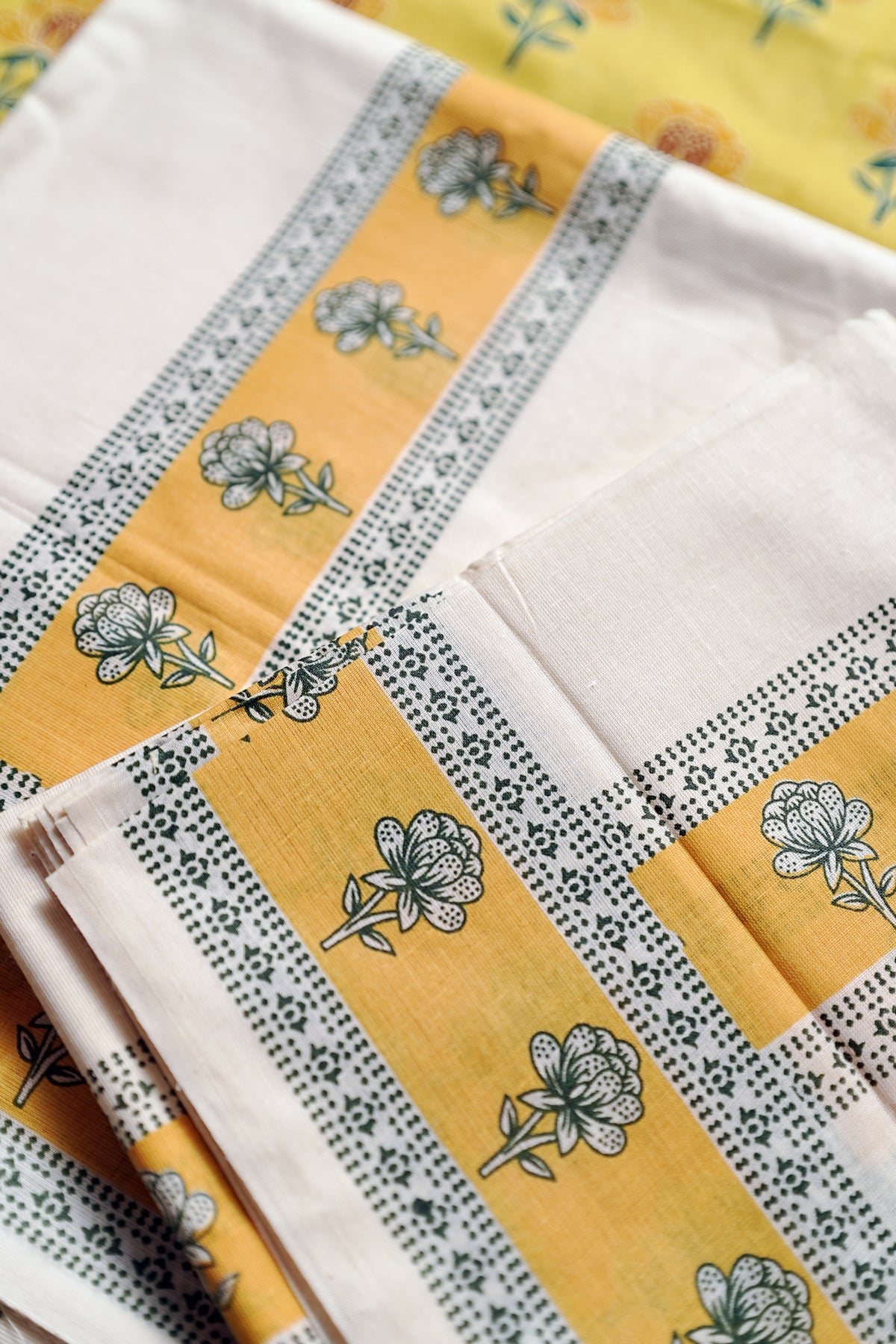 Chithra- Yellow and Green Printed Settumund with Matching Blouse Material