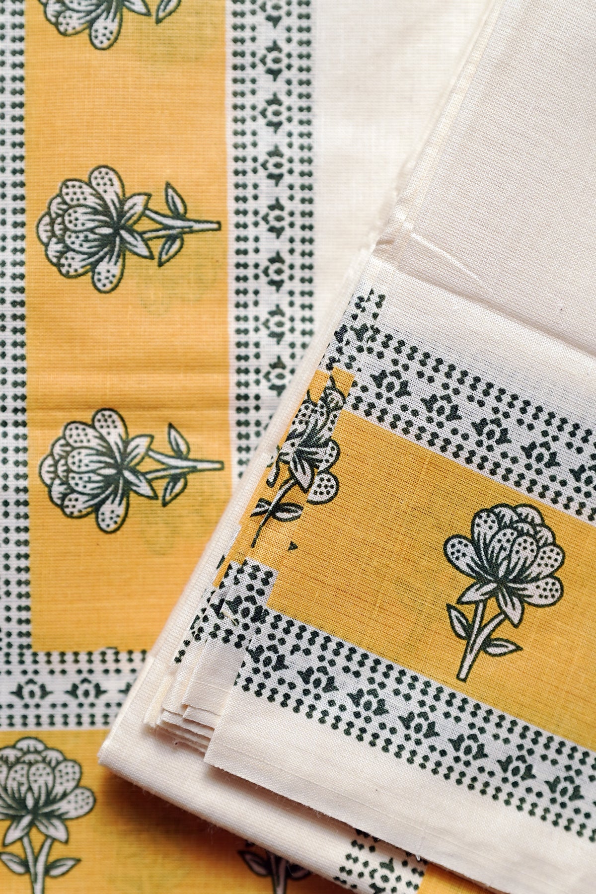 Chithra- Yellow and Green Printed Settumund with Matching Blouse Material