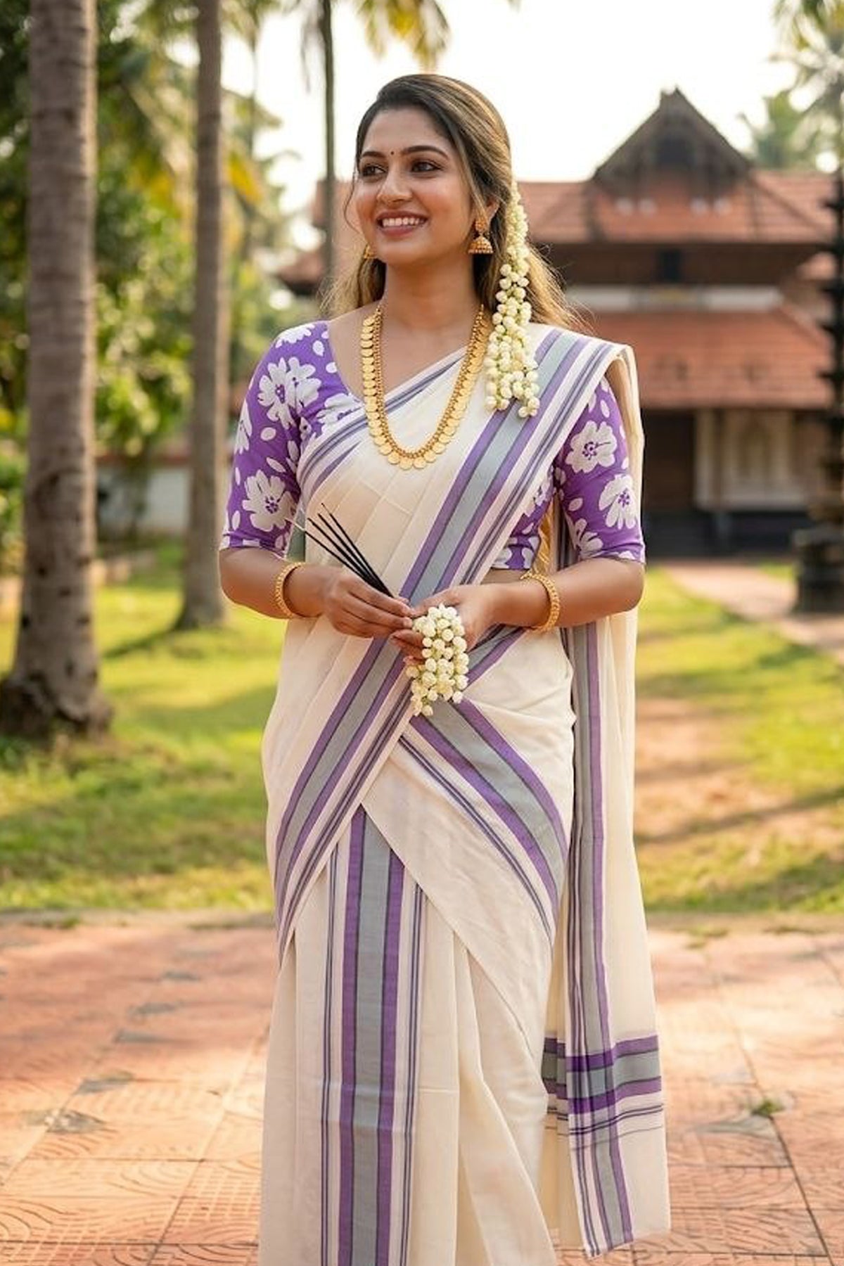 Dhaksha - Pure Cotton Mulloth Settumund with Matching Blouse Material