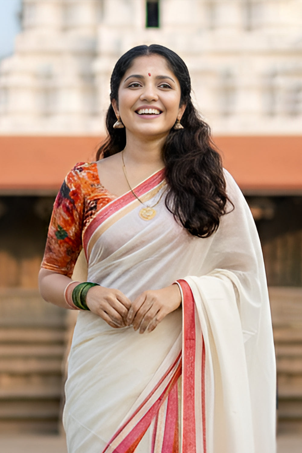 Dhamayanthi - Multi-Color Kasavu Sttumundu with Designer Blouse Material