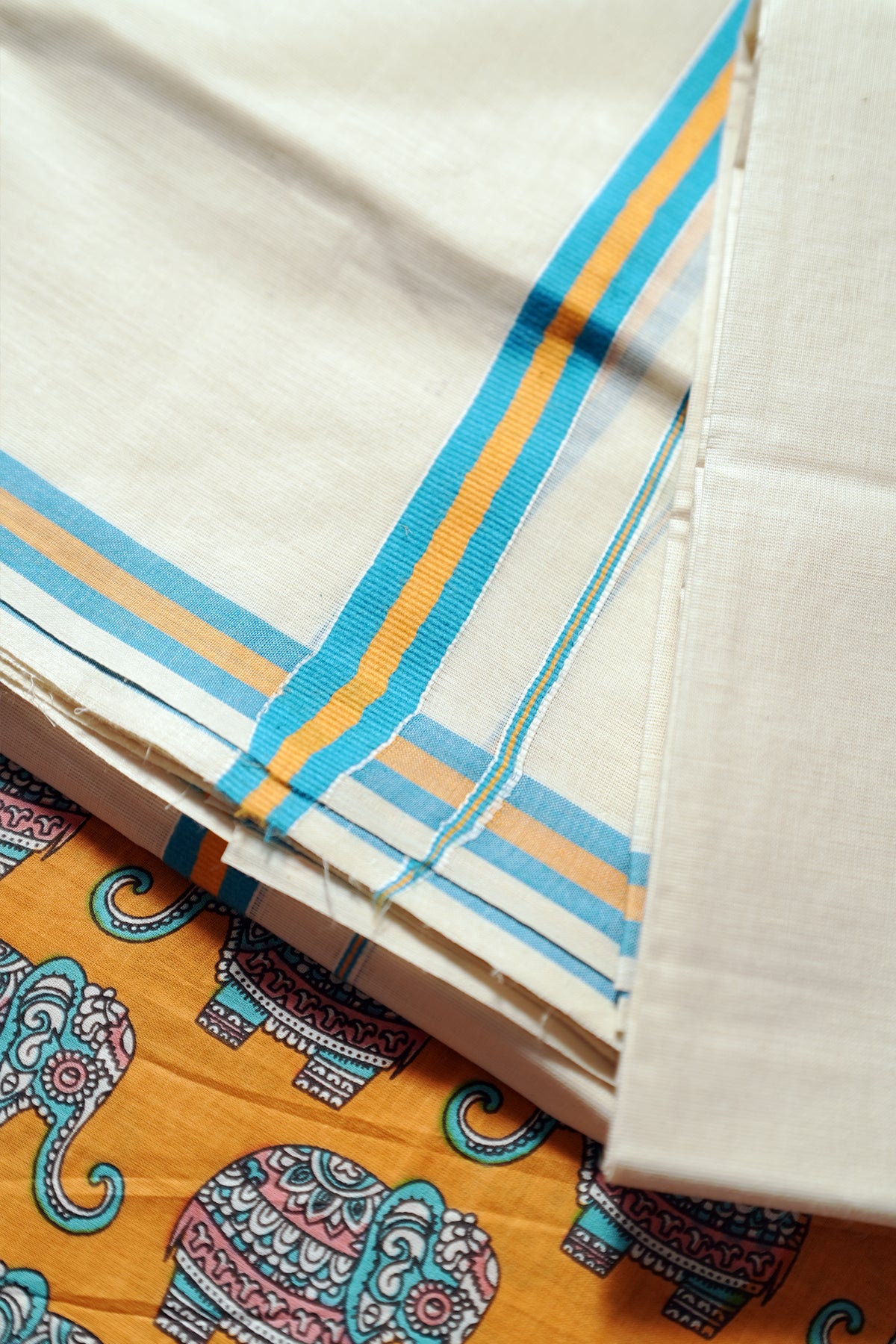 Gajamanthra - Yellow & Blue Kattikkara Settu Mundu with Elephant Printed Blouse Material