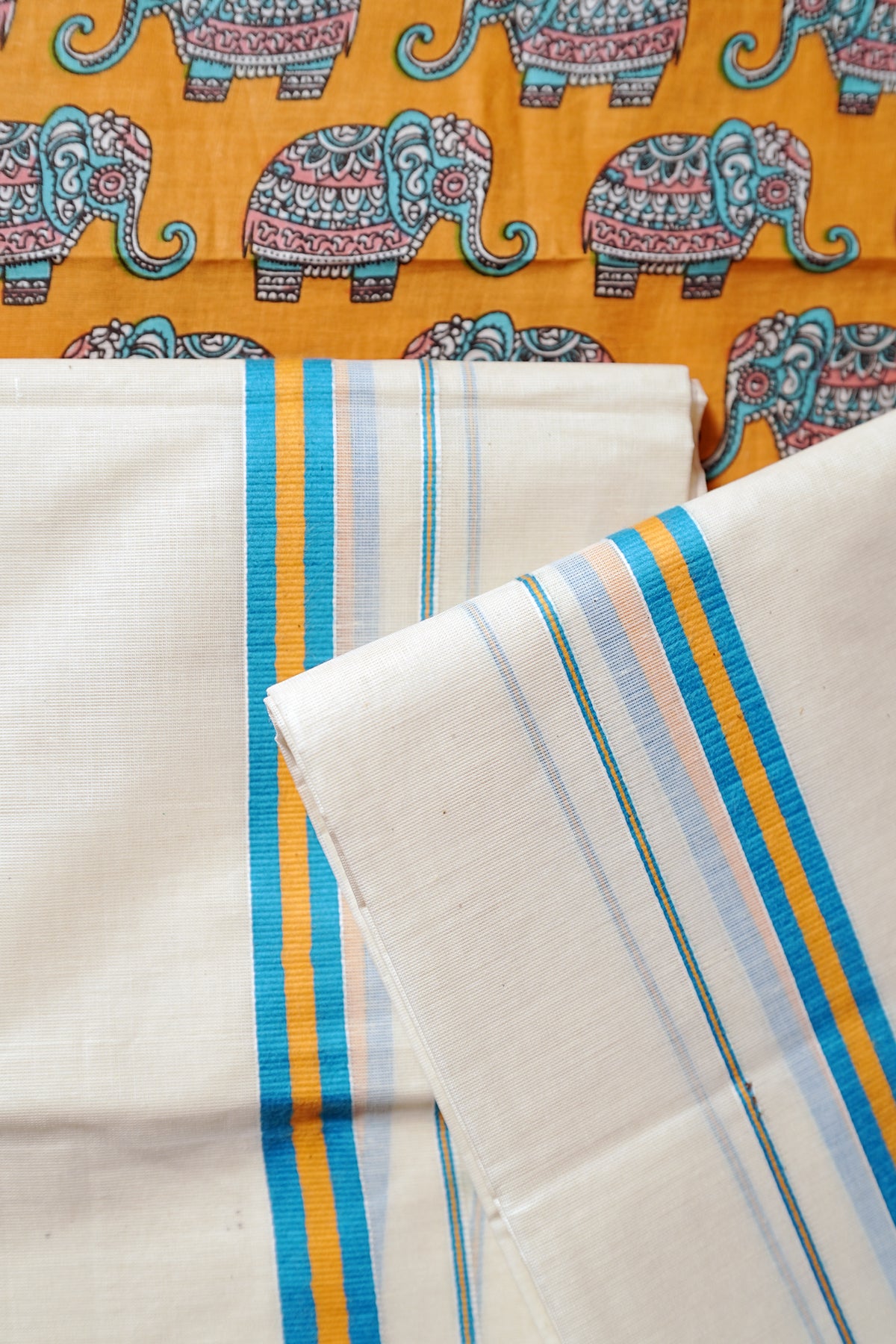 Gajamanthra - Yellow & Blue Kattikkara Settu Mundu with Elephant Printed Blouse Material