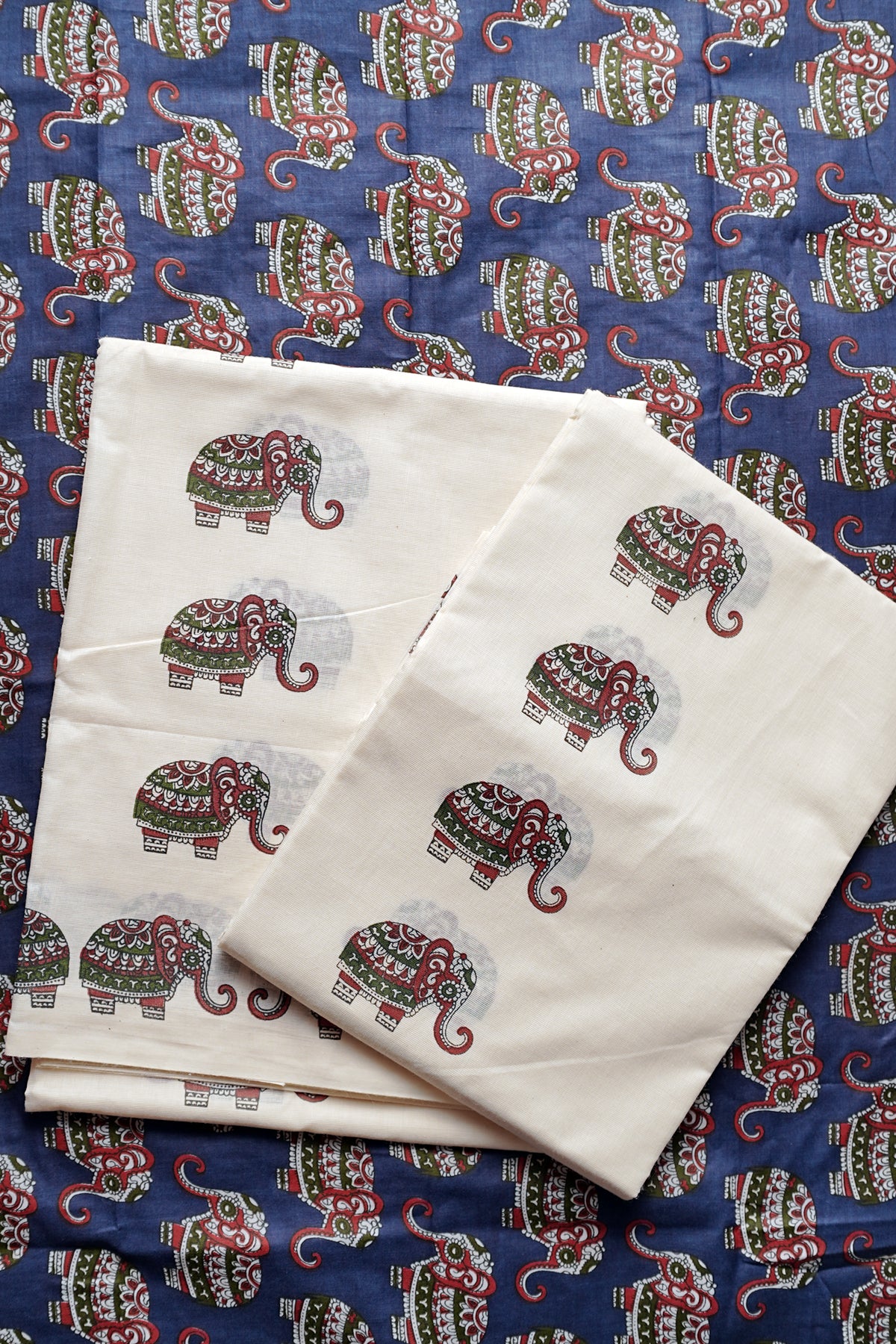 Gajashoba- Blue Elephant Printed Settumund with Matching Printed Blouse Material
