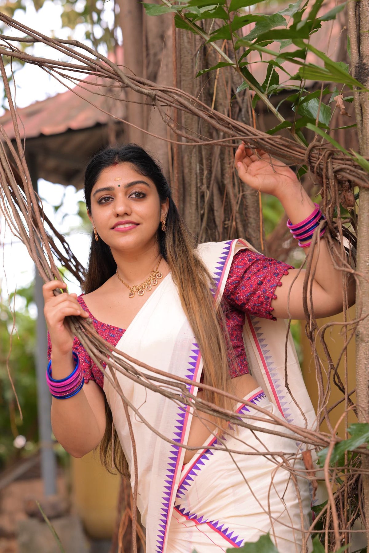 Ahalya -Temple Printed Settmundu with Printed Blouse Material