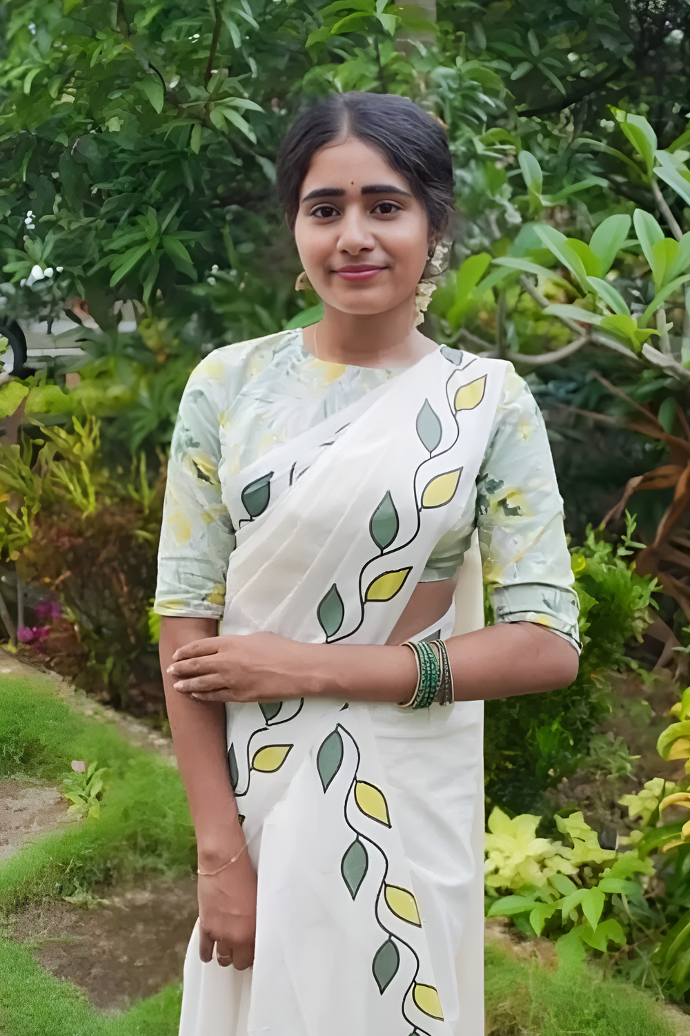 Ila - Yellow and Green Leaf Printed Settumund with Matching Blouse Material