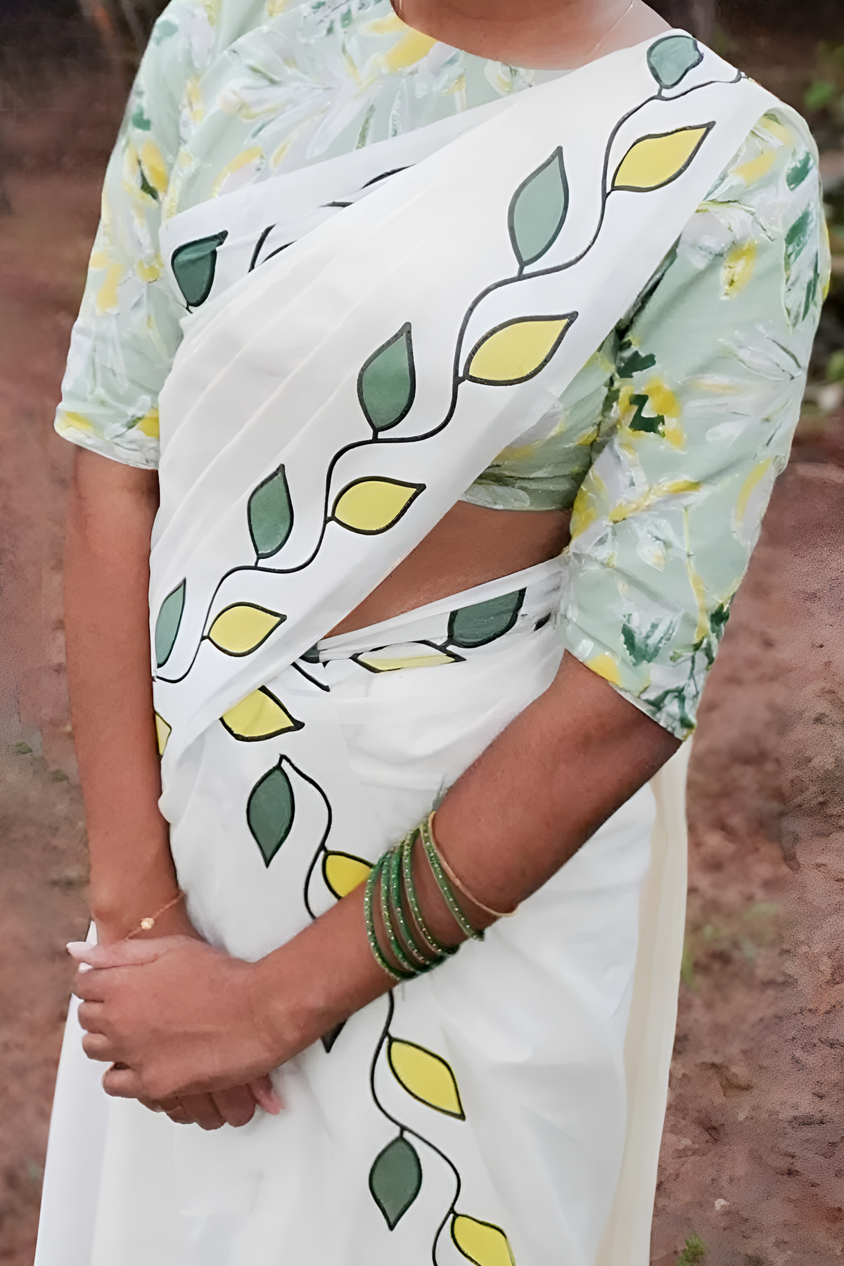 Ila - Yellow and Green Leaf Printed Settumund with Matching Blouse Material