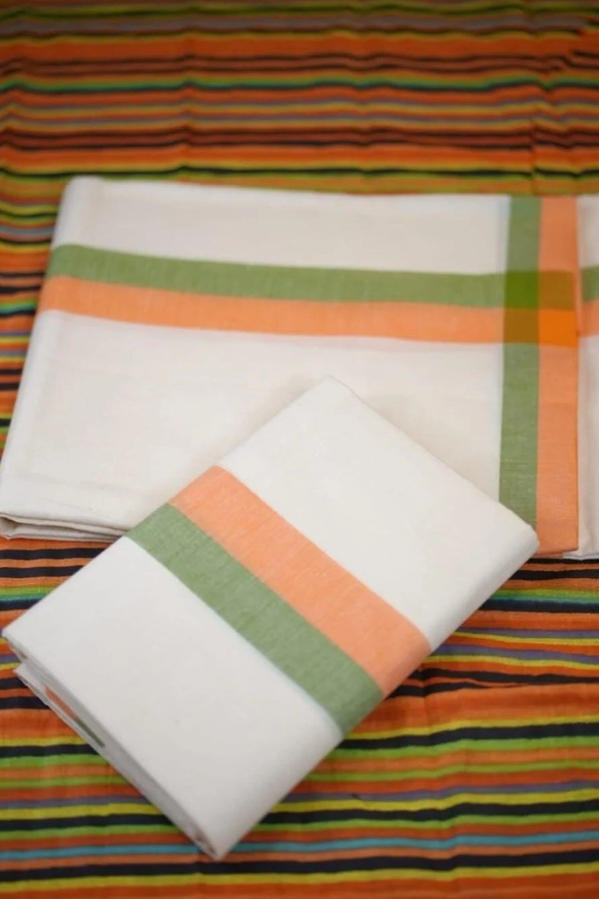 Indhulekha - Pure Cotton Traditional Kerala Mulloth Settumund with Striped Blouse Material
