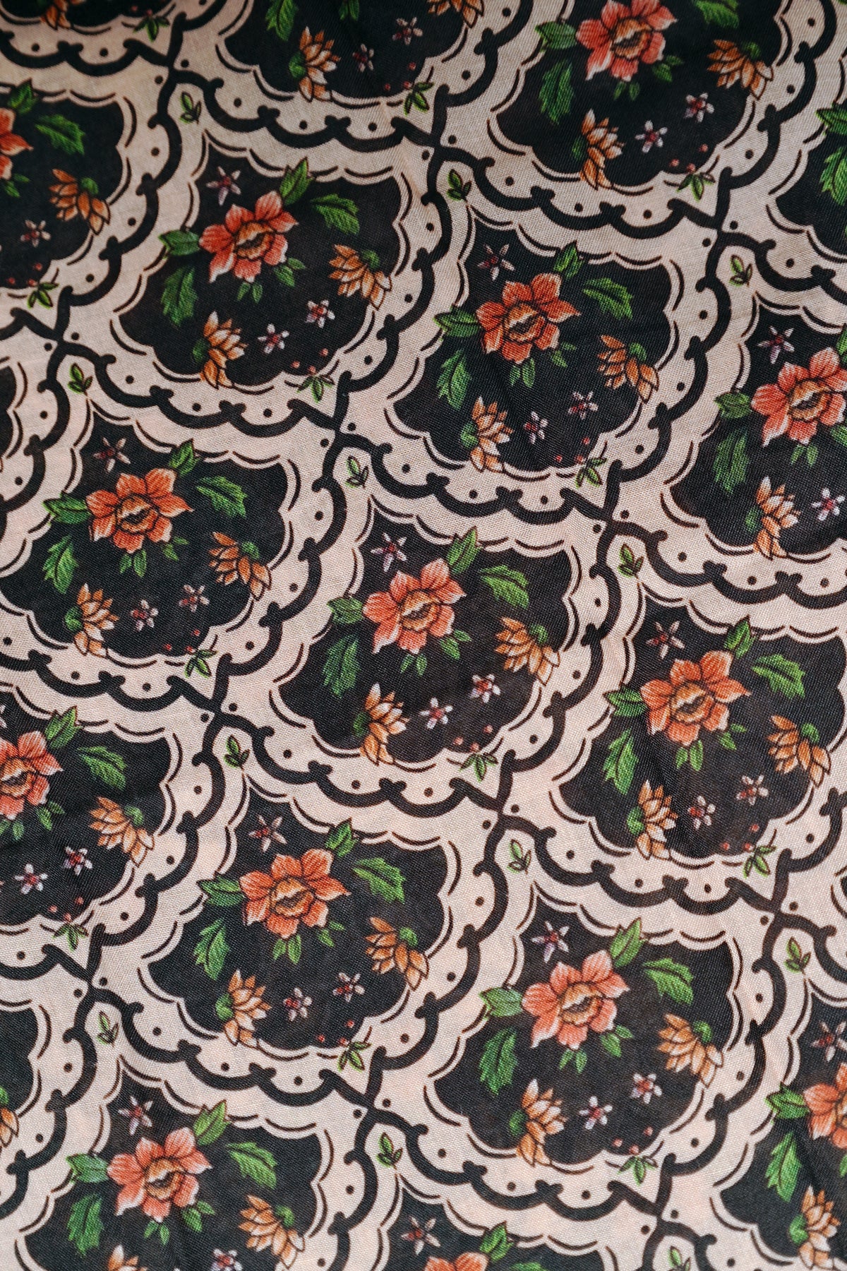 Kanakambaram- Orange and Green Kanakambaram Printed Settumund With Matching Blouse Material