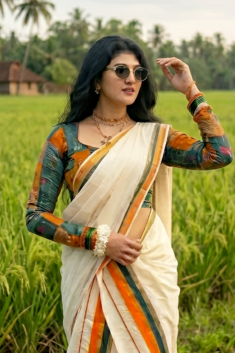 Manohari – Orangish Yellow and Green Kasavu Settumund with Designer Blouse Material