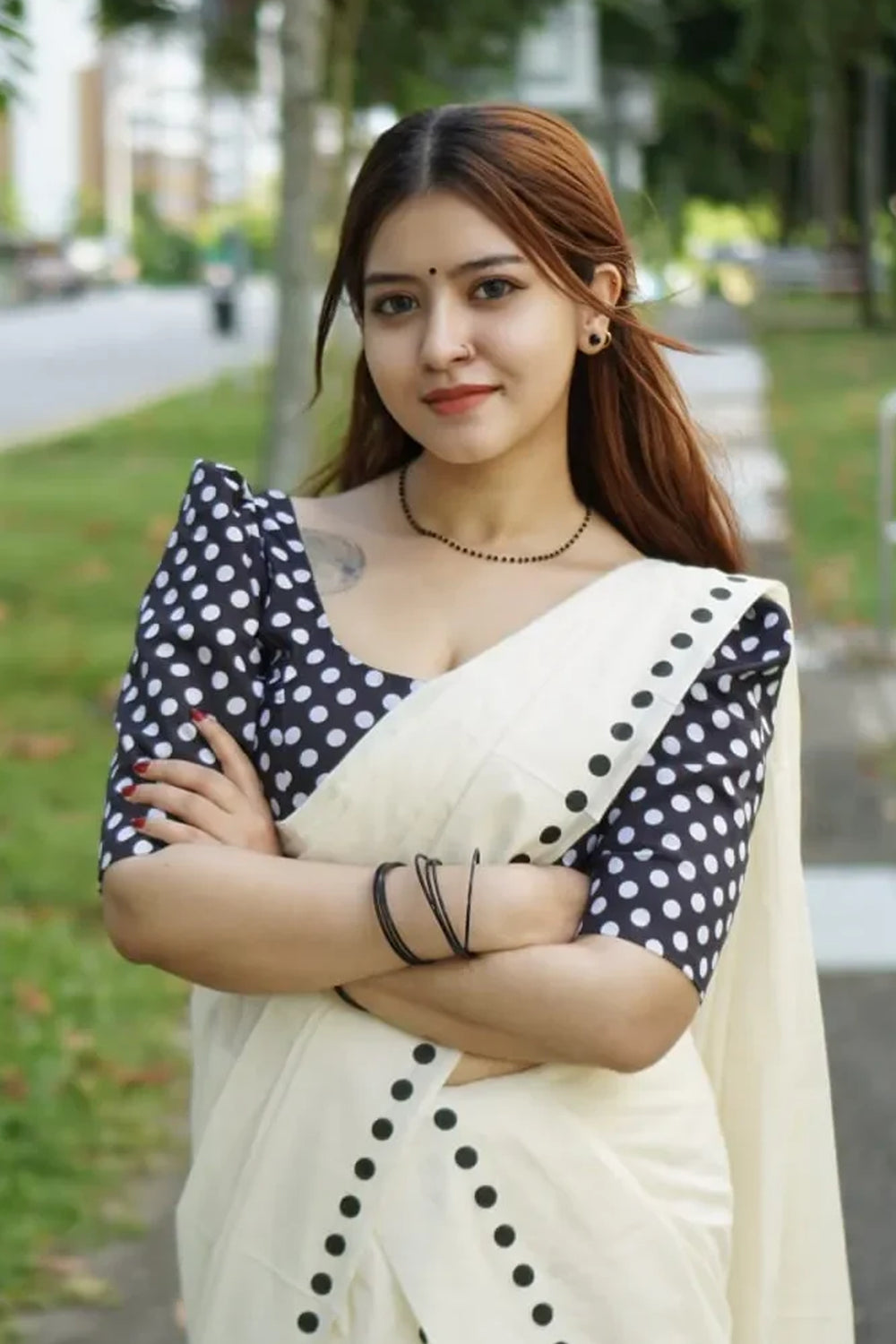 Black Dots Printed Settumund with Matching Polka dots Printed Blouse Material