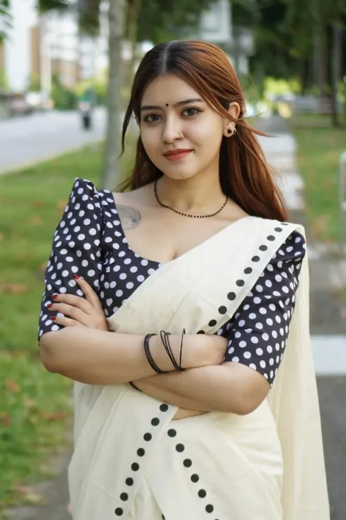 Black Dots Printed Settumund with Matching Polka dots Printed Blouse Material