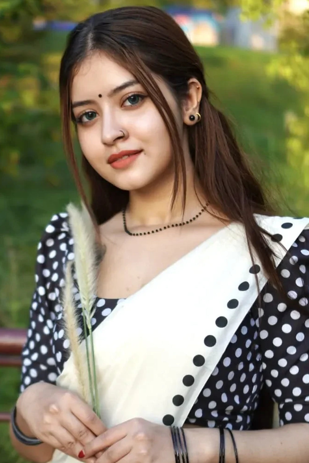 Black Dots Printed Settumund with Matching Polka dots Printed Blouse Material