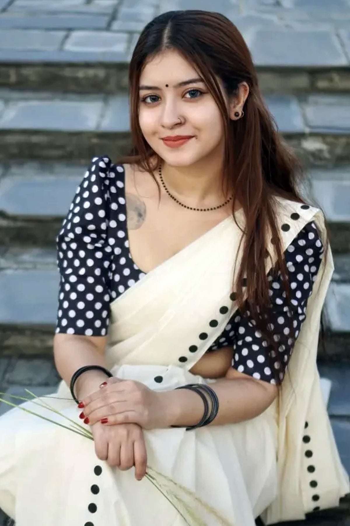 Black Dots Printed Settumund with Matching Polka dots Printed Blouse Material