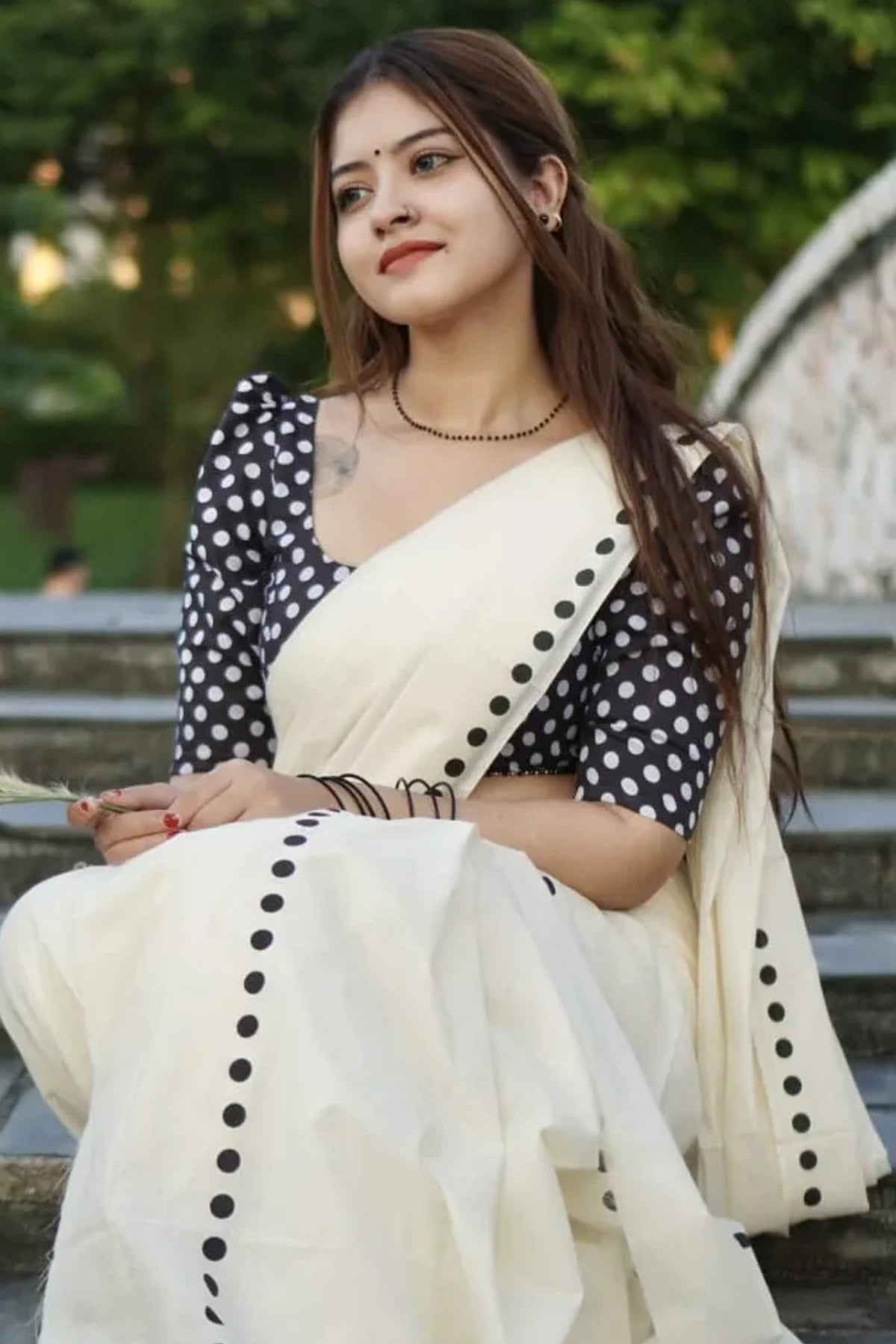 Black Dots Printed Settumund with Matching Polka dots Printed Blouse Material