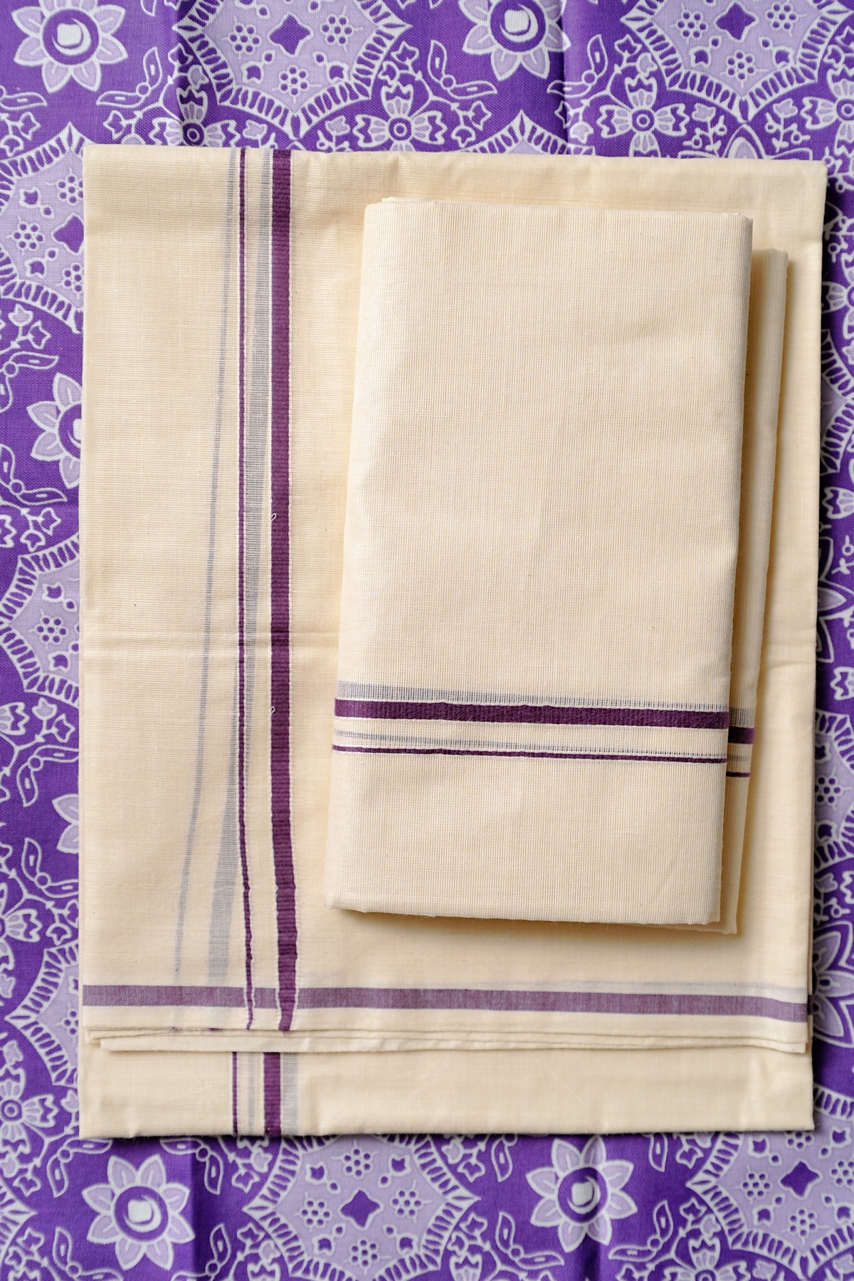 Nadira - Lavender Puliyilakkara Settumund with Ajrak Digital Printed Blouse Material