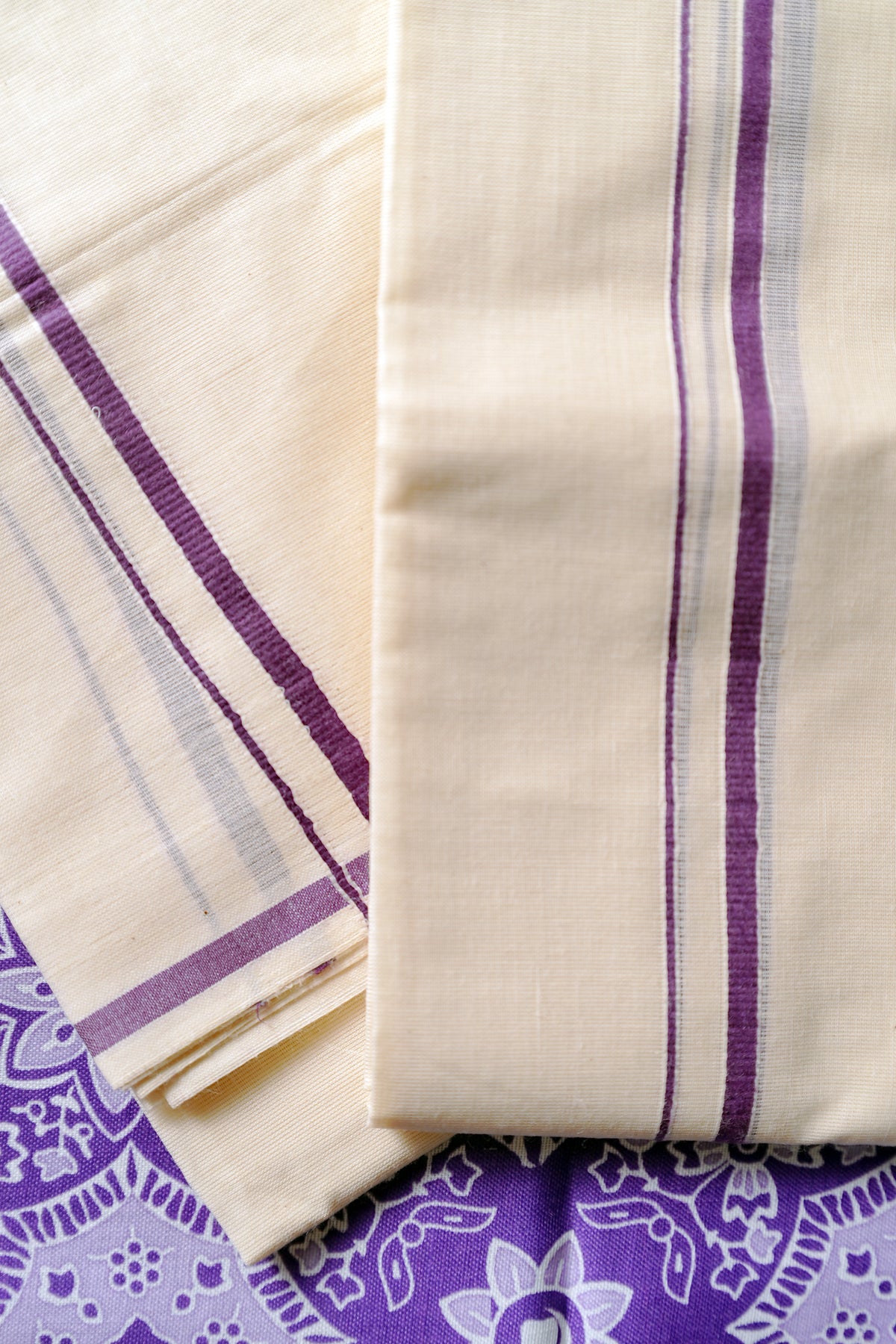 Nadira - Lavender Puliyilakkara Settumund with Ajrak Digital Printed Blouse Material