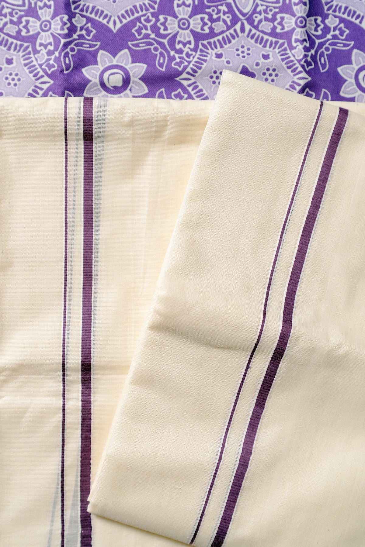 Nadira - Lavender Puliyilakkara Settumund with Ajrak Digital Printed Blouse Material