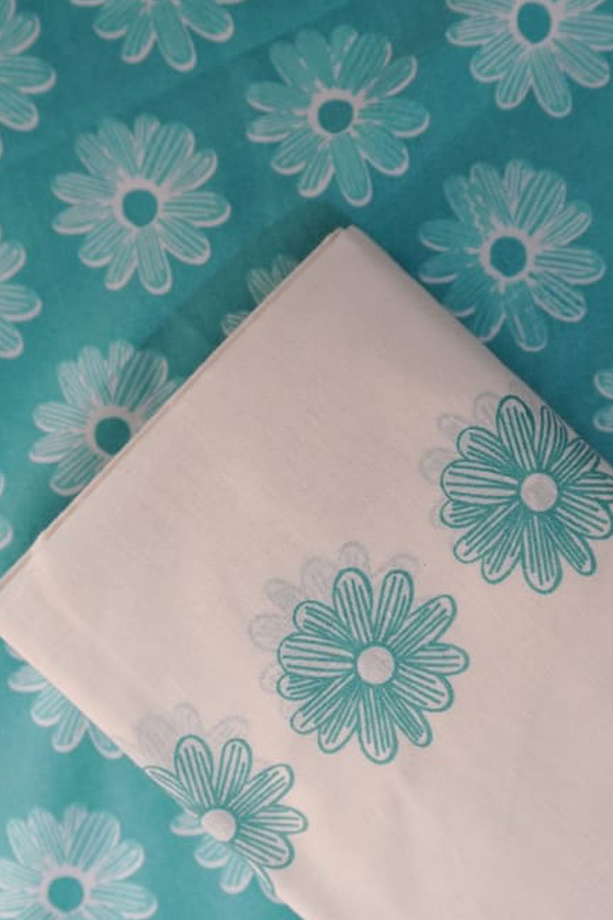 Neelamalhar - Cyan Floral Printed Settumund with Matching Blouse Material