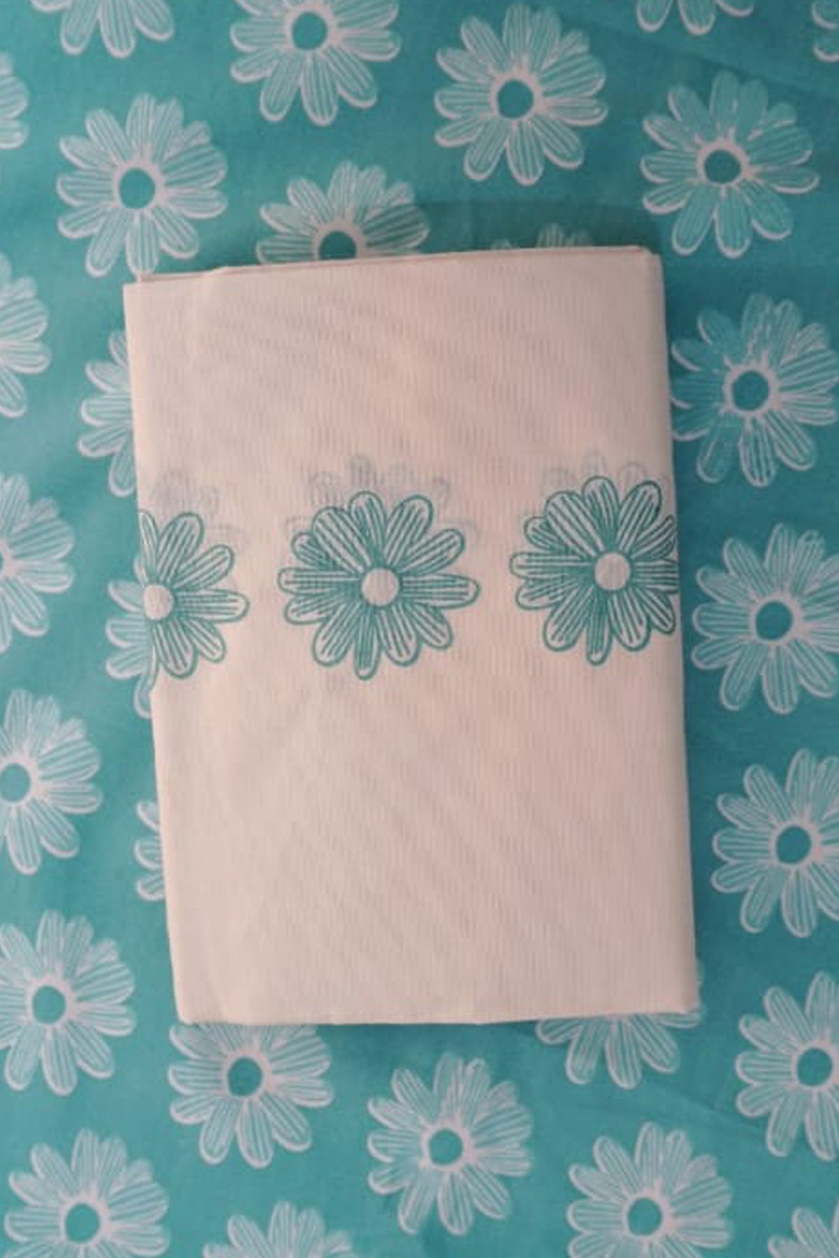 Neelamalhar - Cyan Floral Printed Settumund with Matching Blouse Material