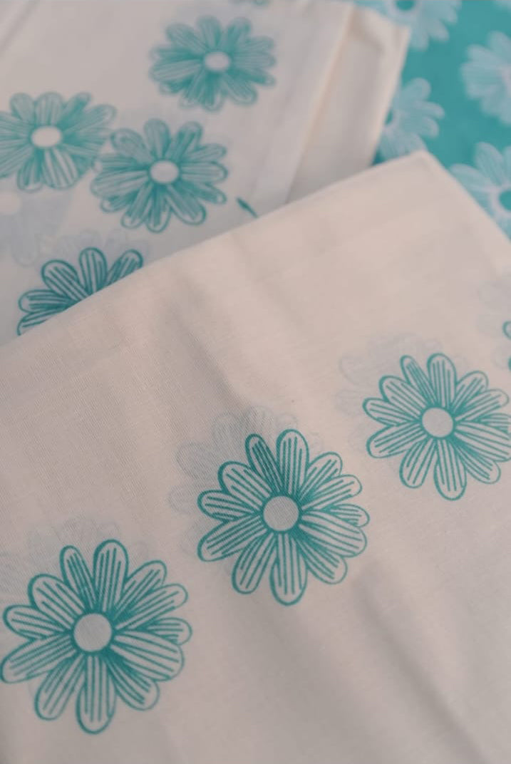 Neelamalhar - Cyan Floral Printed Settumund with Matching Blouse Material