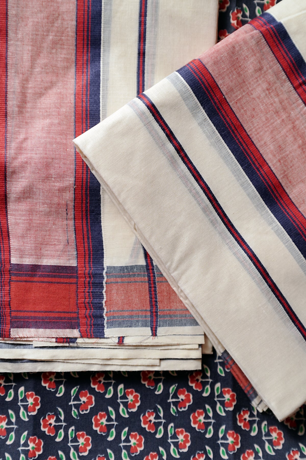 Parvana -Red & Blue Kattikkara Settu Mundu with Printed Blouse Material