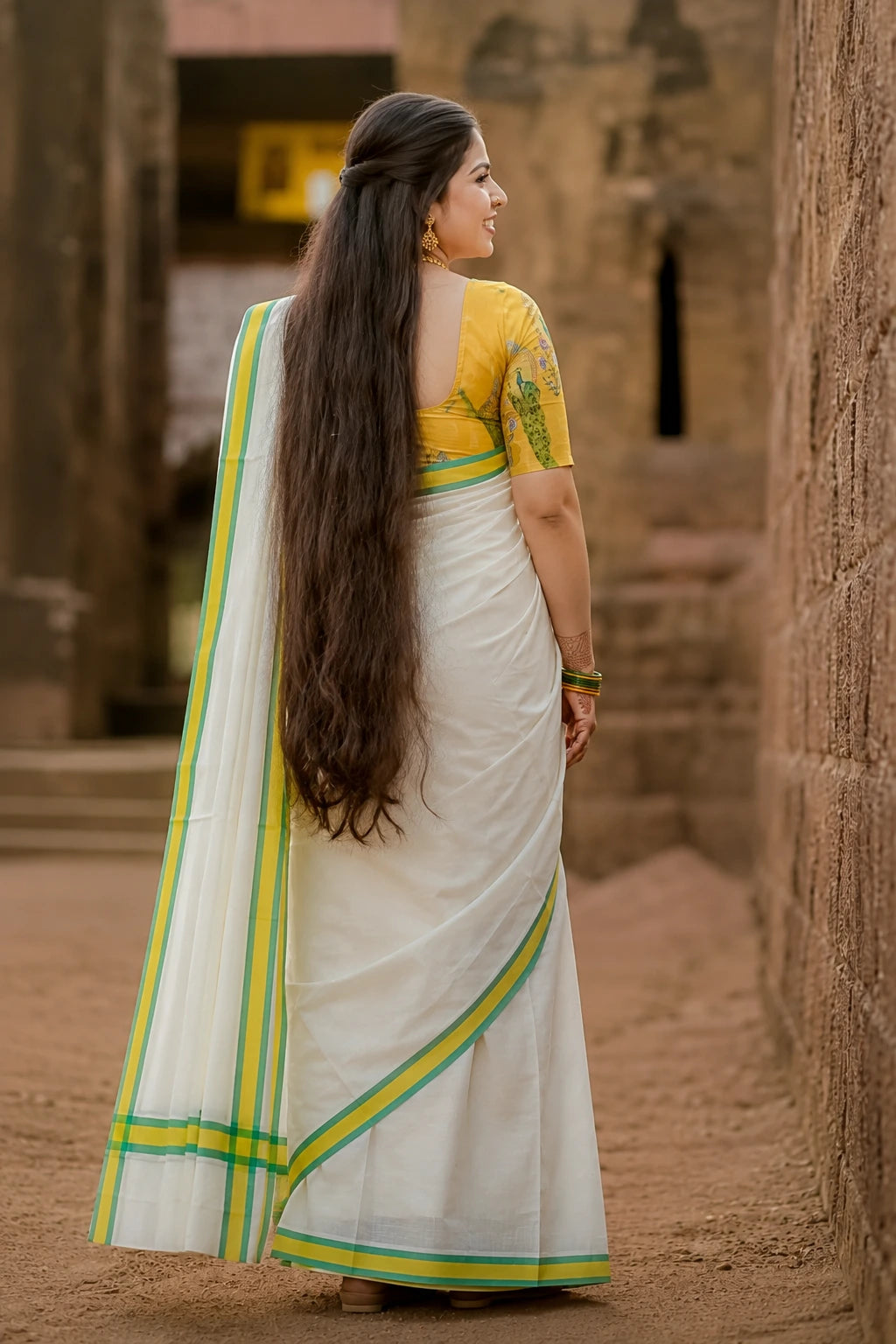 Peeli - Pure Cotton Traditional Kerala Mulloth Settumund with Peacock Printed Blouse Material