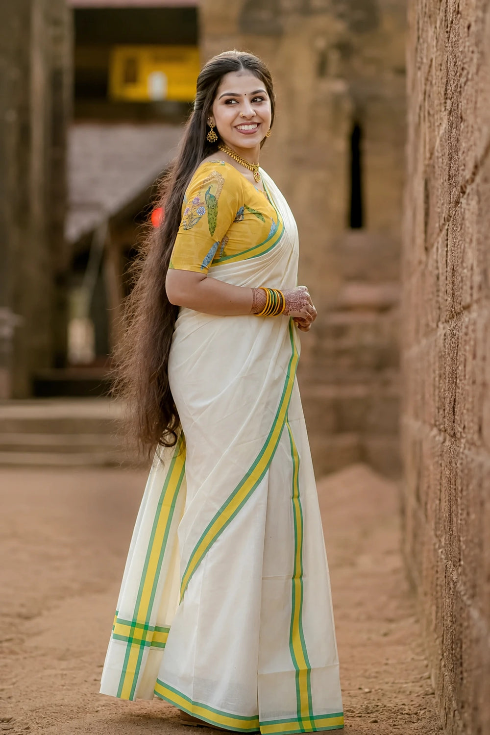 Peeli - Pure Cotton Traditional Kerala Mulloth Settumund with Peacock Printed Blouse Material