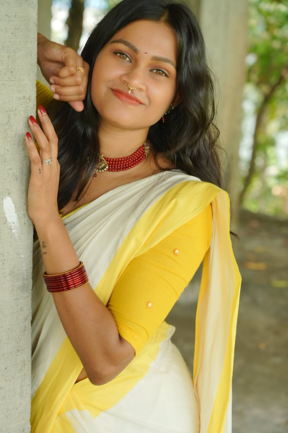 Radha - Single Color Traditional Kerala Mulloth Settumund with Mirror Worked Blouse Material