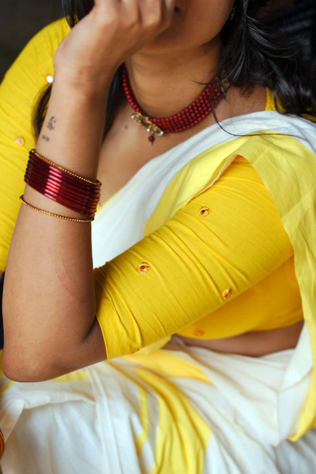 Radha - Single Color Traditional Kerala Mulloth Settumund with Mirror Worked Blouse Material