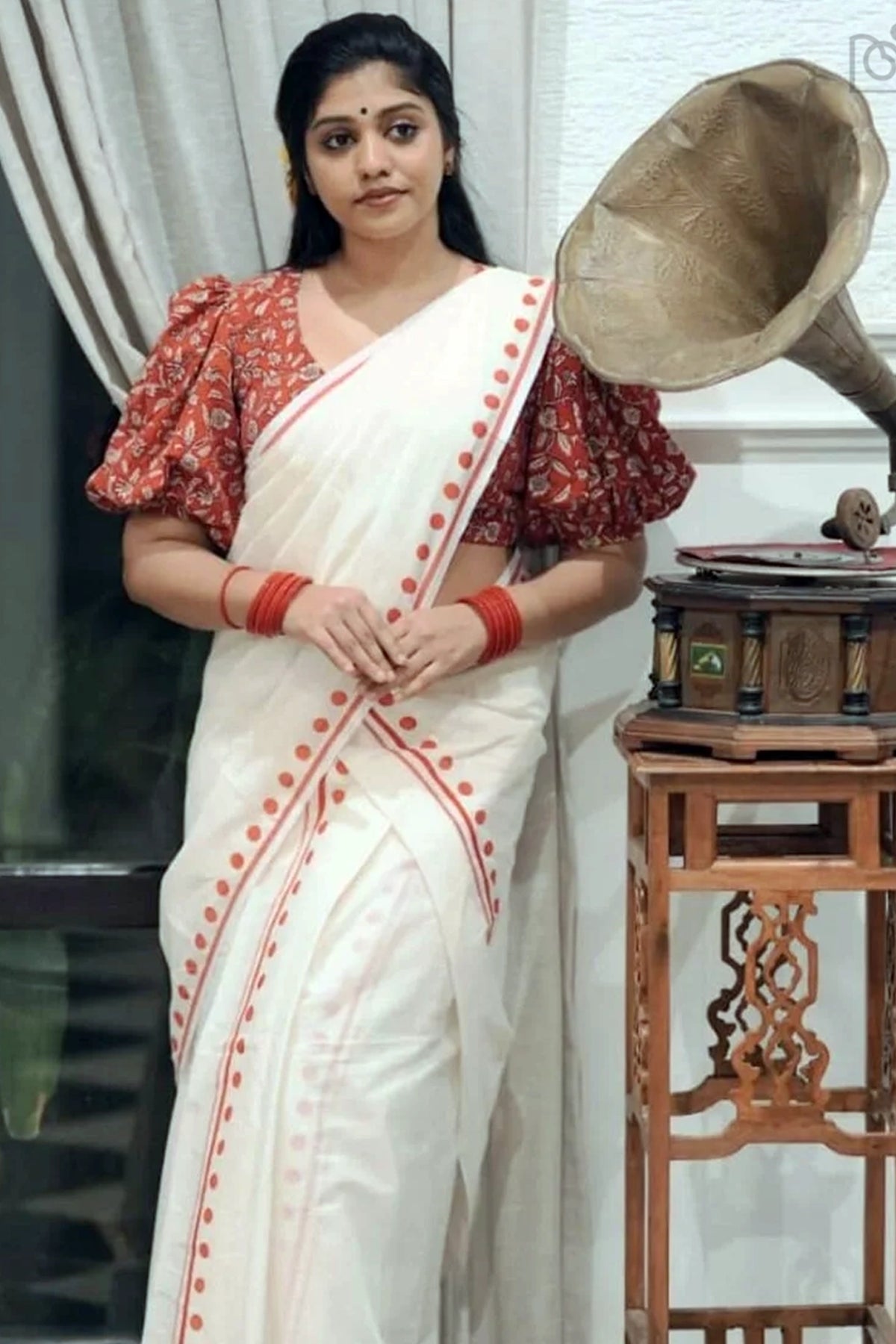 Red Polka - Red Dots Printed Settumundu with Handblock Printed Blouse Material