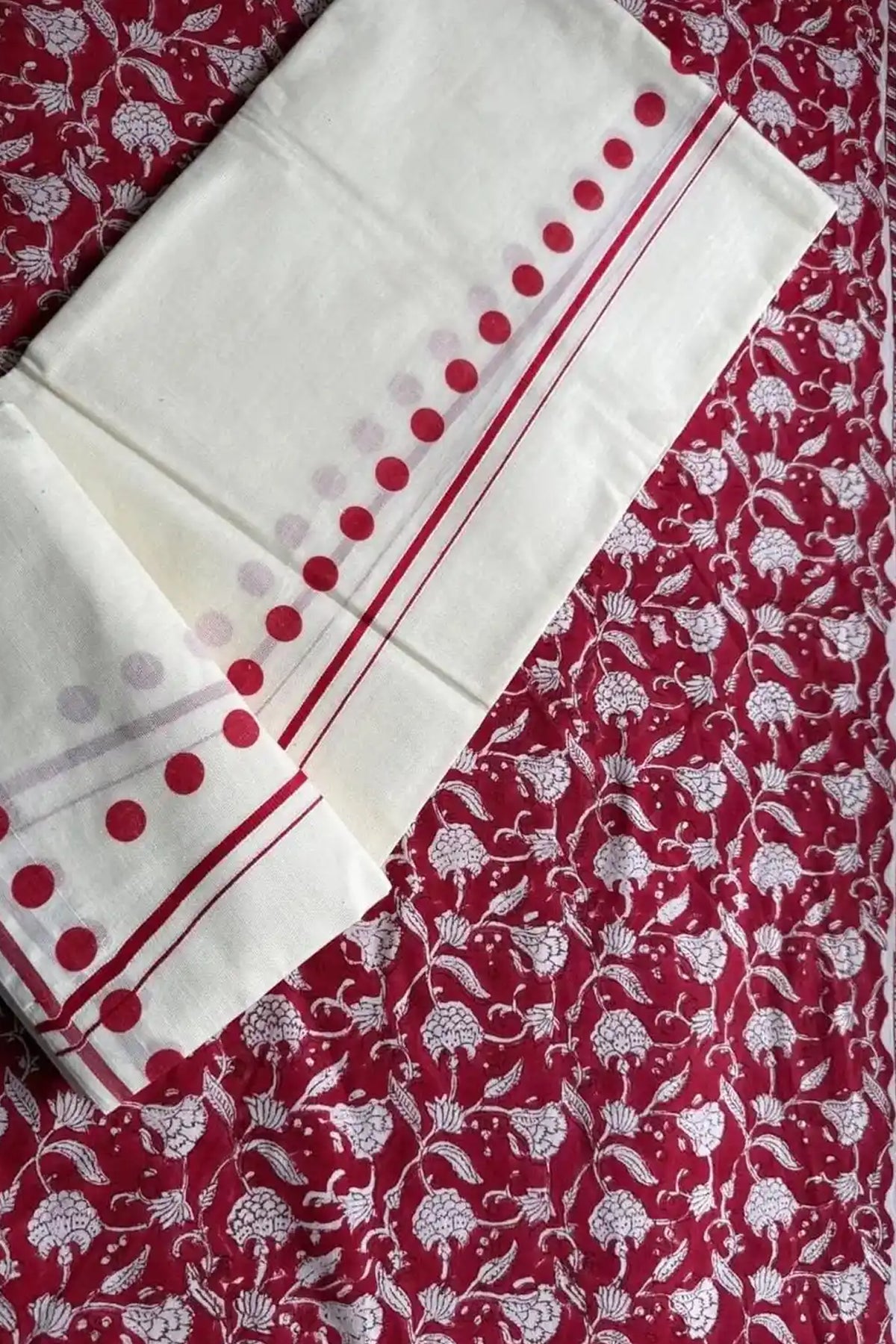 Red Polka - Red Dots Printed Settumundu with Handblock Printed Blouse Material