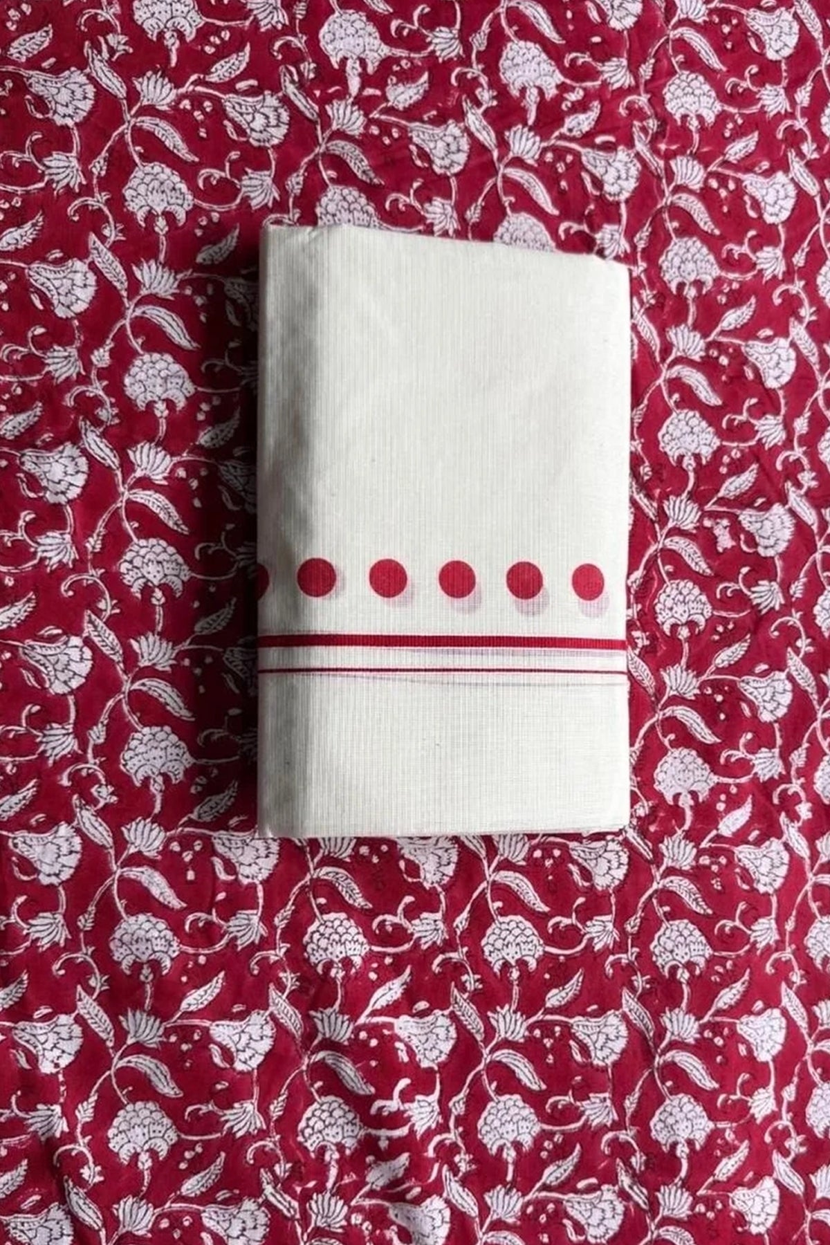 Red Polka - Red Dots Printed Settumundu with Handblock Printed Blouse Material
