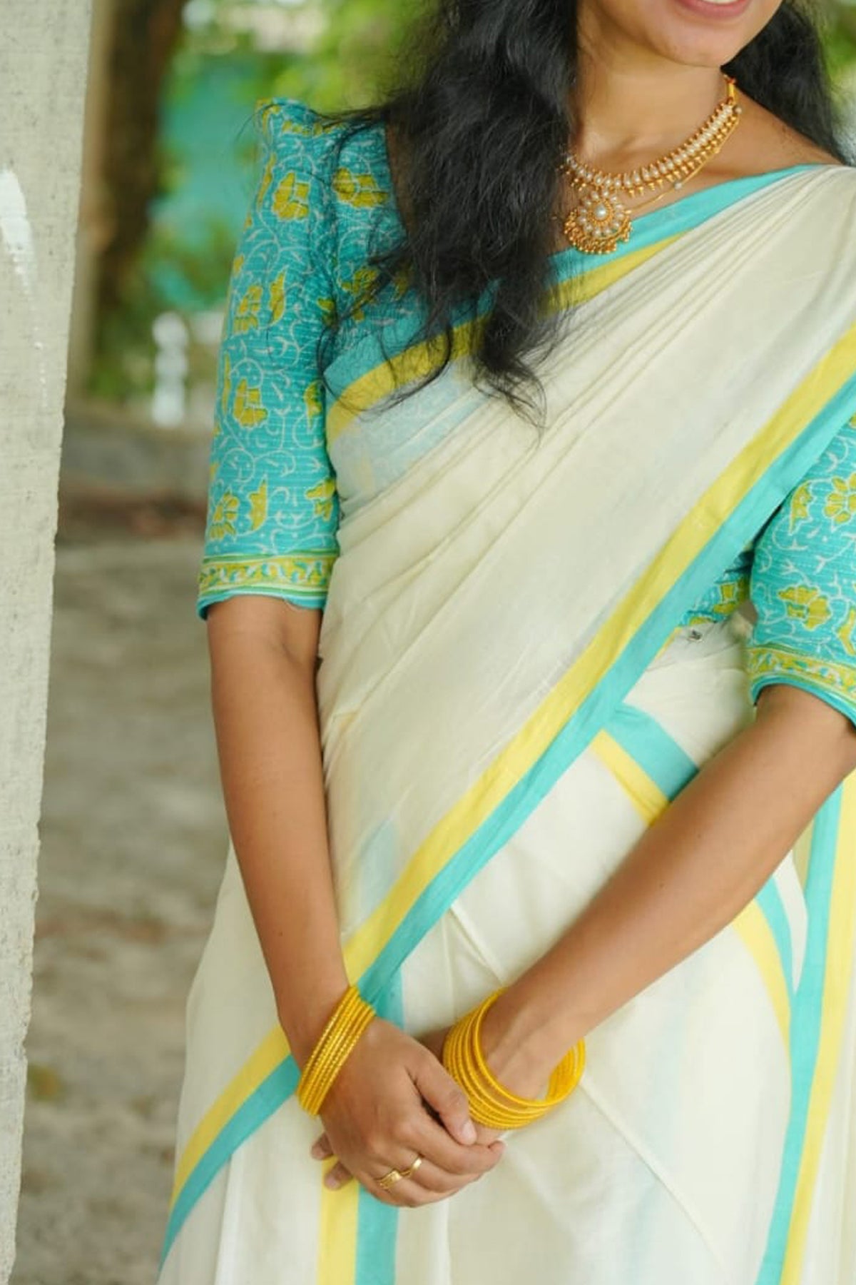 Rugmini - Mulloth Settumund with Kantha Cotton Blouse Material