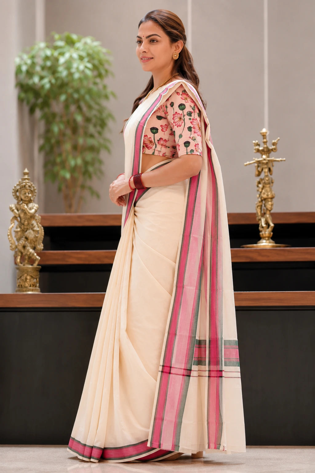 Sarojini - Pink & Green Kattikara Settumundu with Lotus Printed Blouse Material