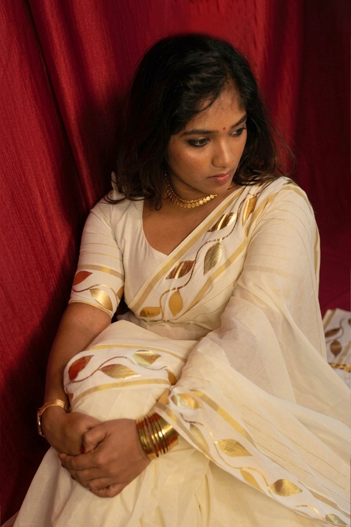 Suvarna – Premium Golden Foil Printed Kerala Saree