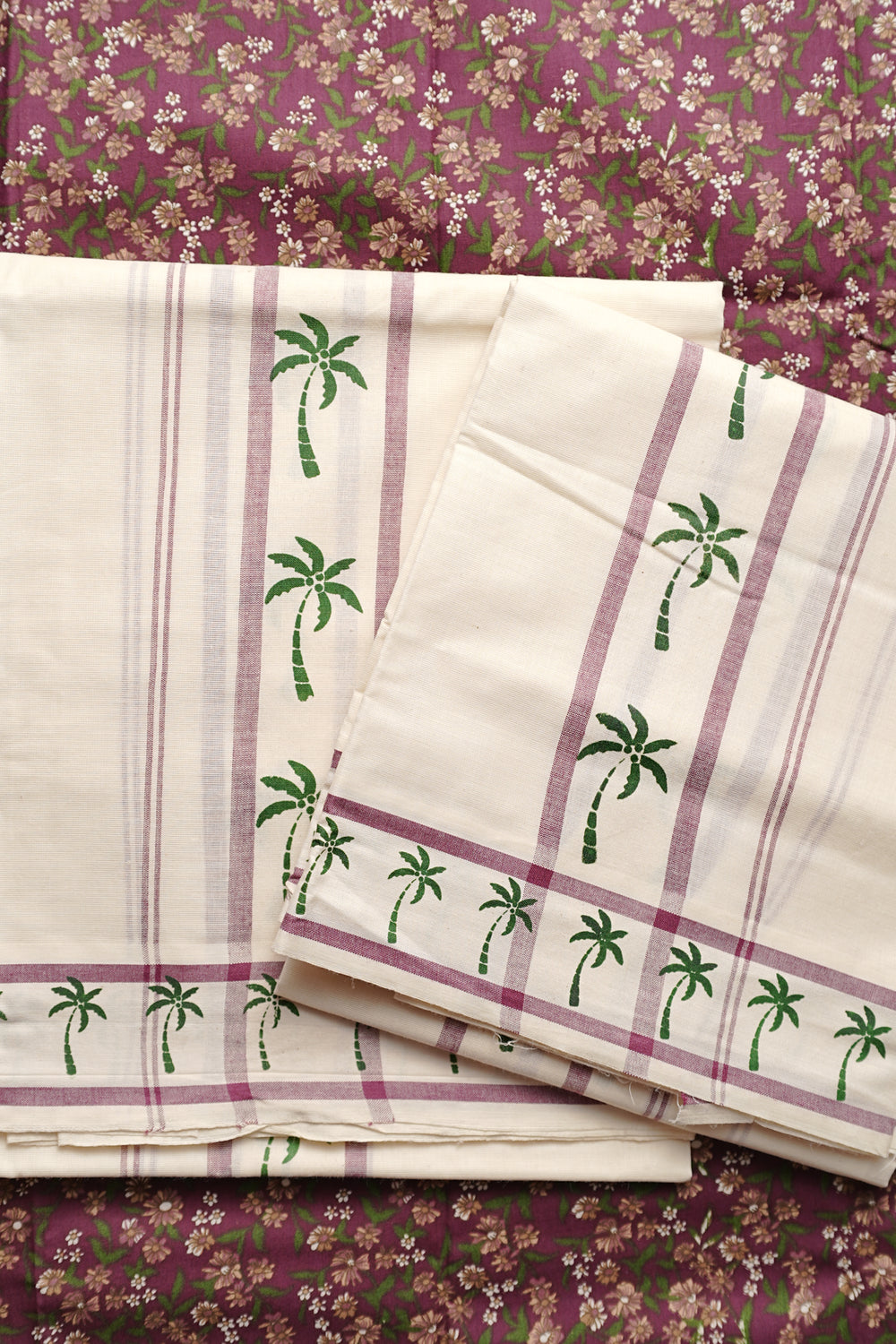 Theng Wine Coconut Printed Settumund with Matching Blouse Material